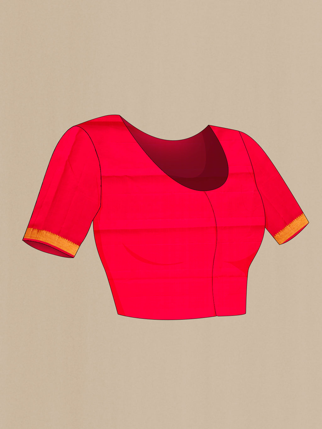 Close up image of the blouse of Red Kanchipuram Silk Saree with Zari Butta on the body and Zari Border. 