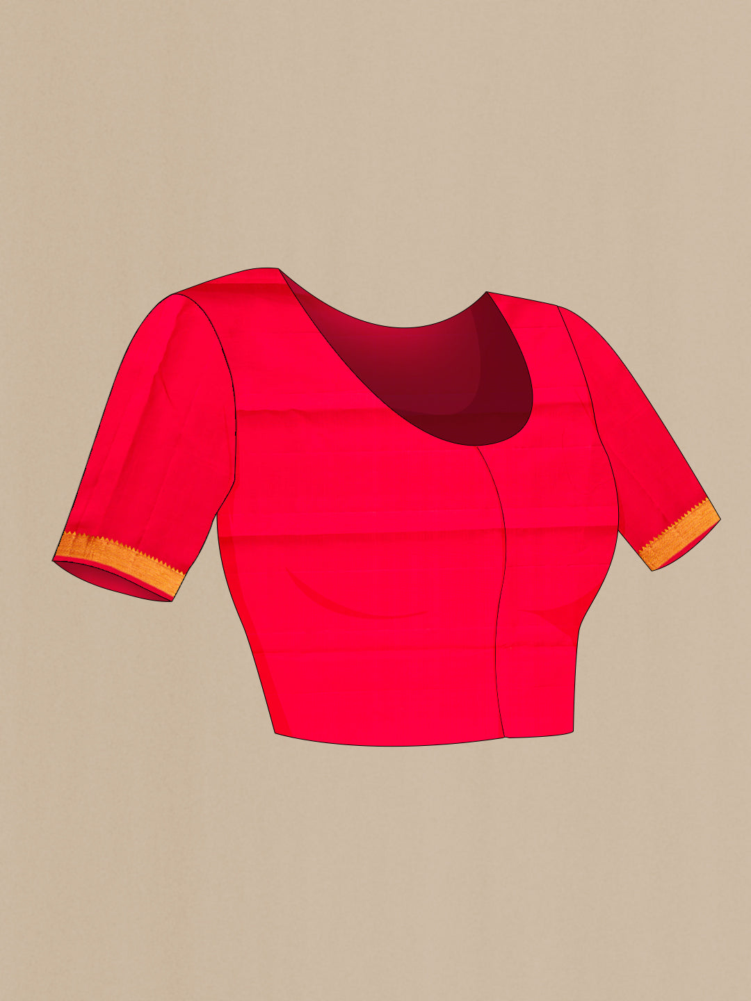 Close up image of the blouse of Red Kanchipuram Silk Saree with Zari Butta on the body and Zari Border. 