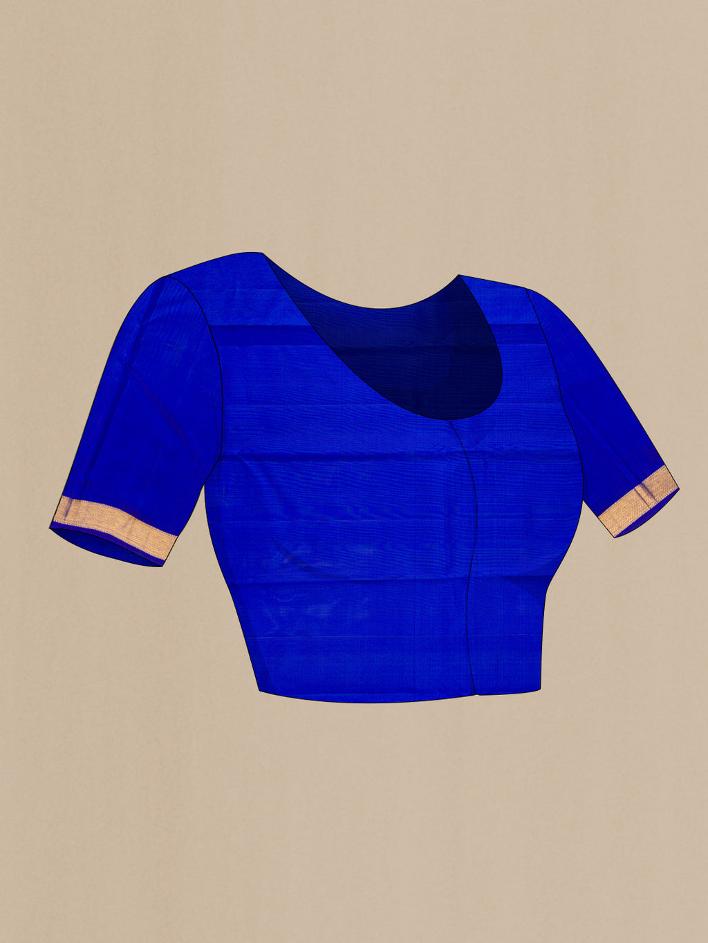 Close up image of the blouse of Royal Blue Dual Tone Kanchipuram Silk Saree with Zari Butta on the body and Zari Border. 