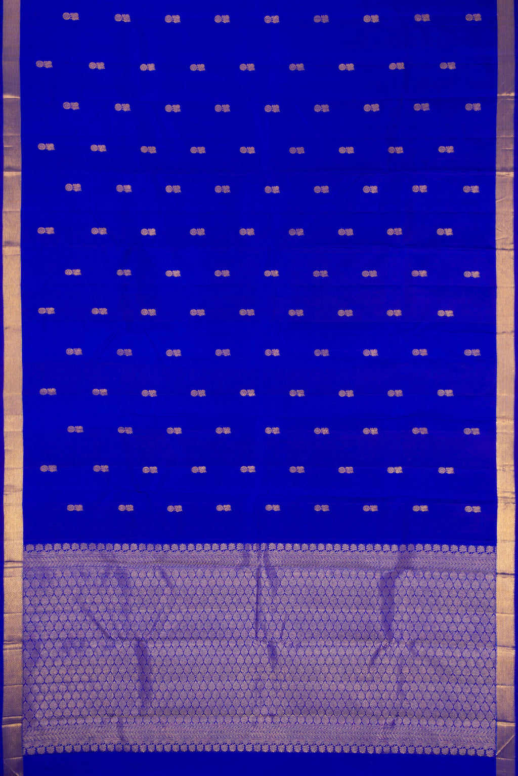 Flat view of Royal Blue Dual Tone Kanchipuram Silk Saree with Zari Butta on the body and Zari Border. 