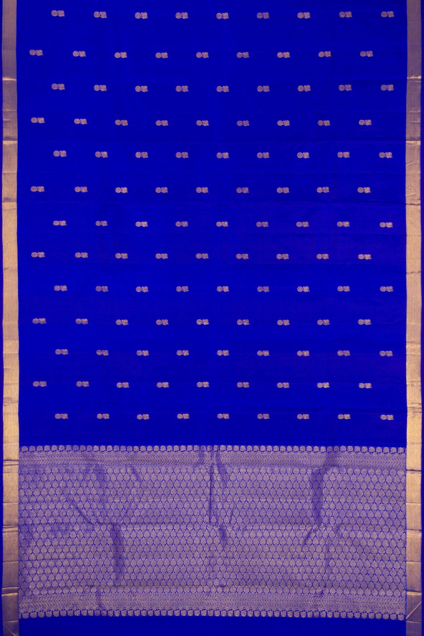 Flat view of Royal Blue Dual Tone Kanchipuram Silk Saree with Zari Butta on the body and Zari Border. 