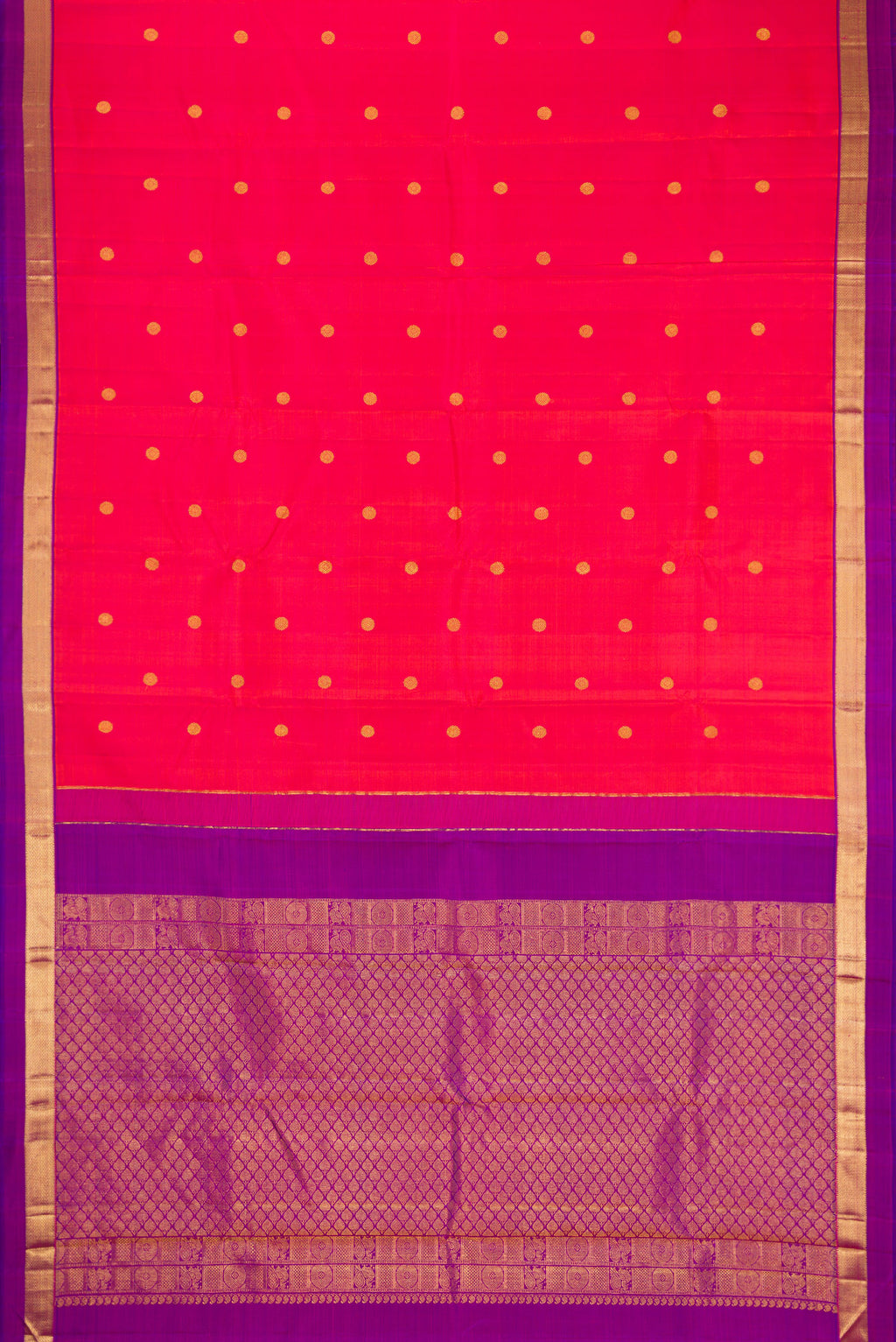 Flat view of Coral Dual Tone Kanchipuram Silk Saree with Zari Butta on the body and Zari Border. 