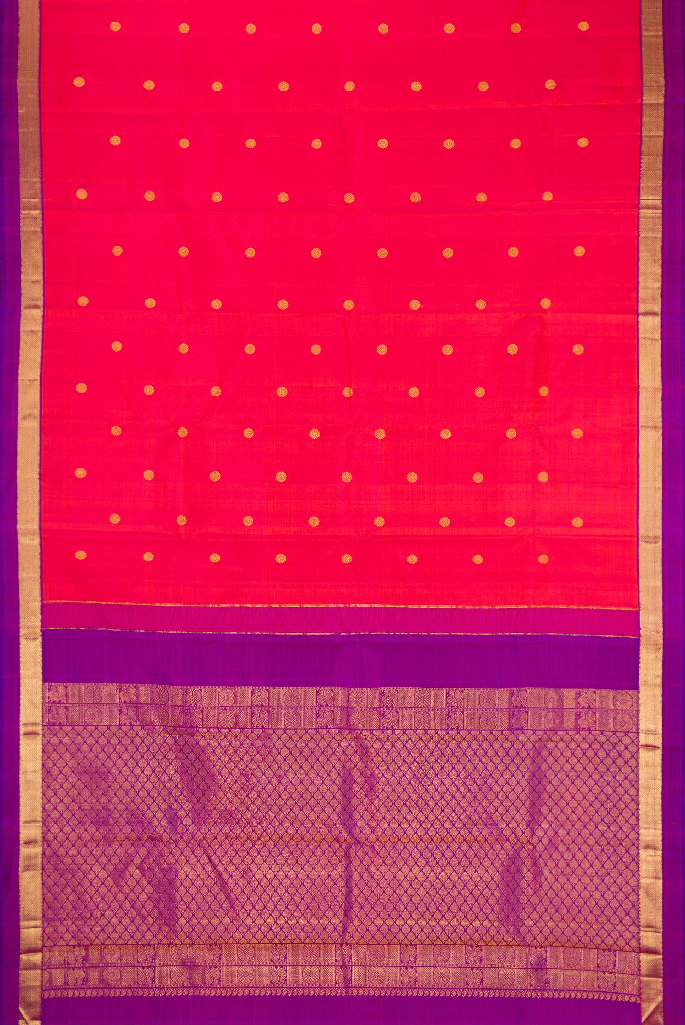 Flat view of Coral Dual Tone Kanchipuram Silk Saree with Zari Butta on the body and Zari Border. 