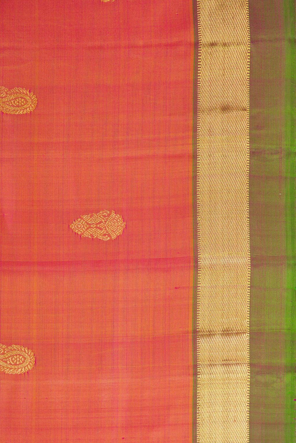 Border image of Orange Dual Tone Kanchipuram Silk Saree with Zari Butta on the body and Zari Border. 