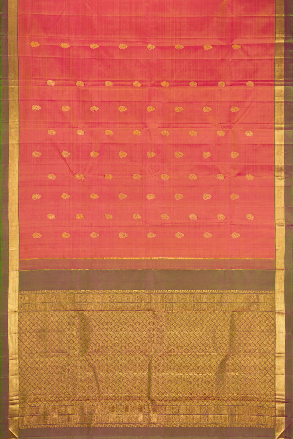 Flat view of Orange Dual Tone Kanchipuram Silk Saree with Zari Butta on the body and Zari Border. 