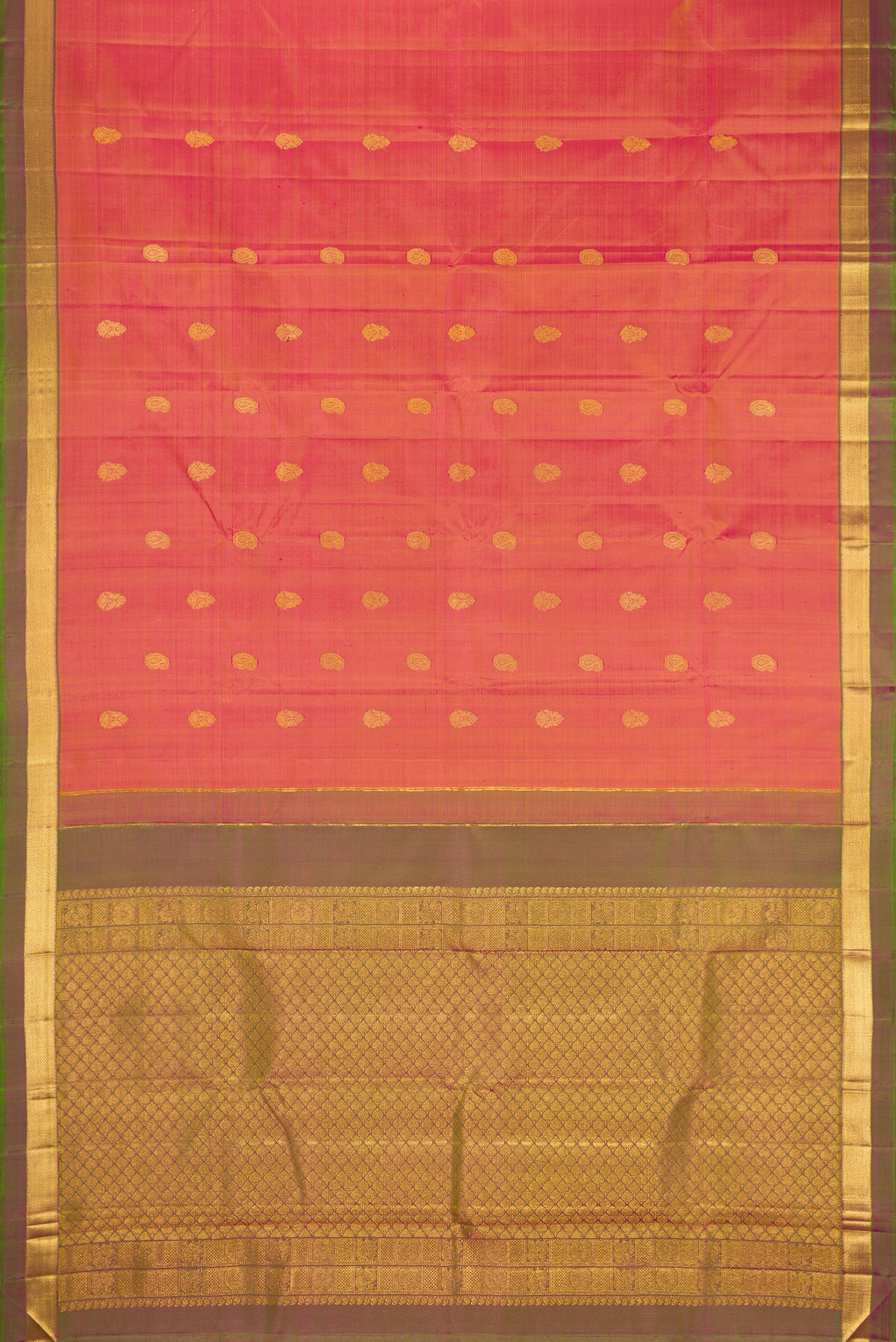 Flat view of Orange Dual Tone Kanchipuram Silk Saree with Zari Butta on the body and Zari Border. 