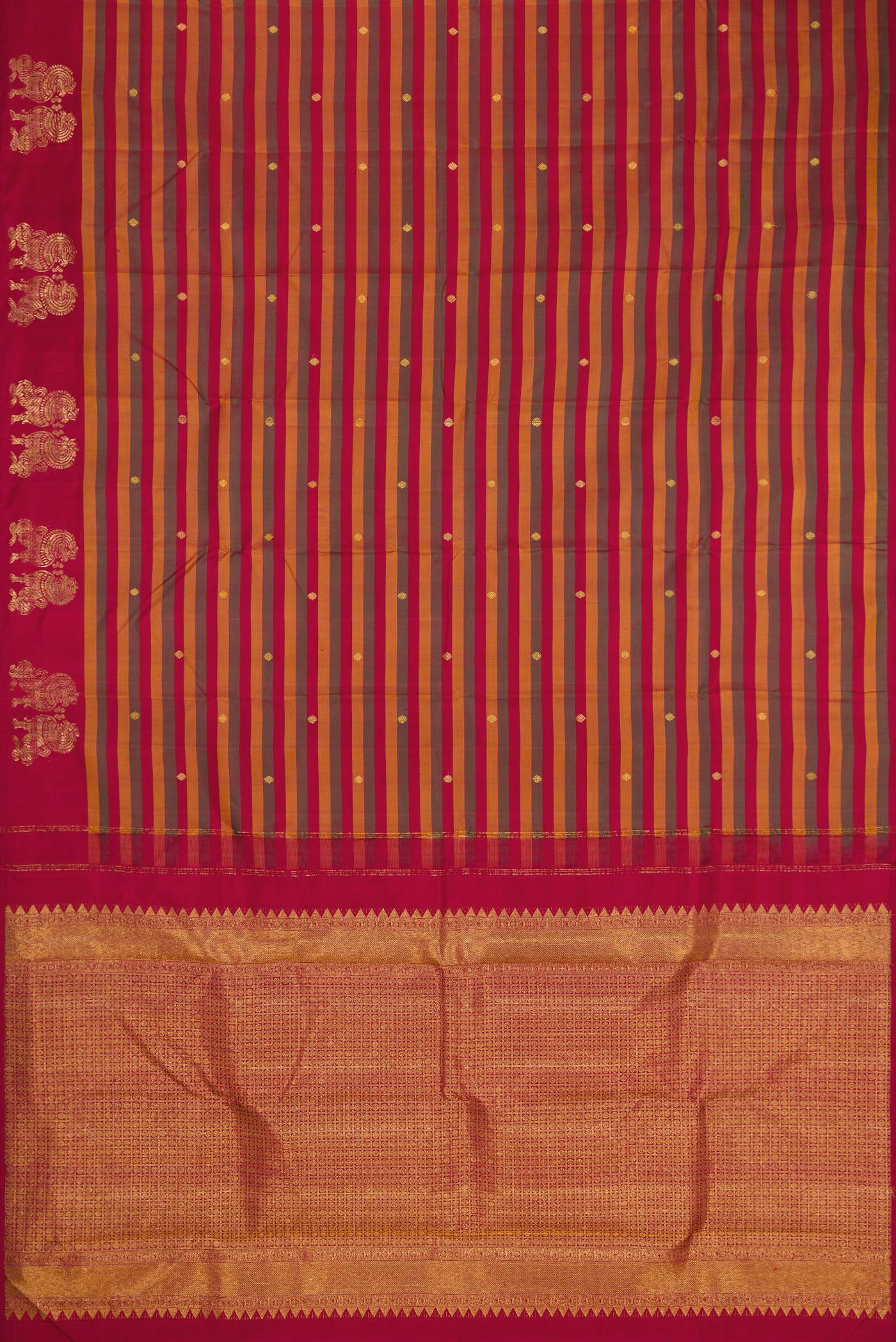 Flat view of Multi Color Kanchipuram Silk Saree with Stripes on the body and Fancy Border. 