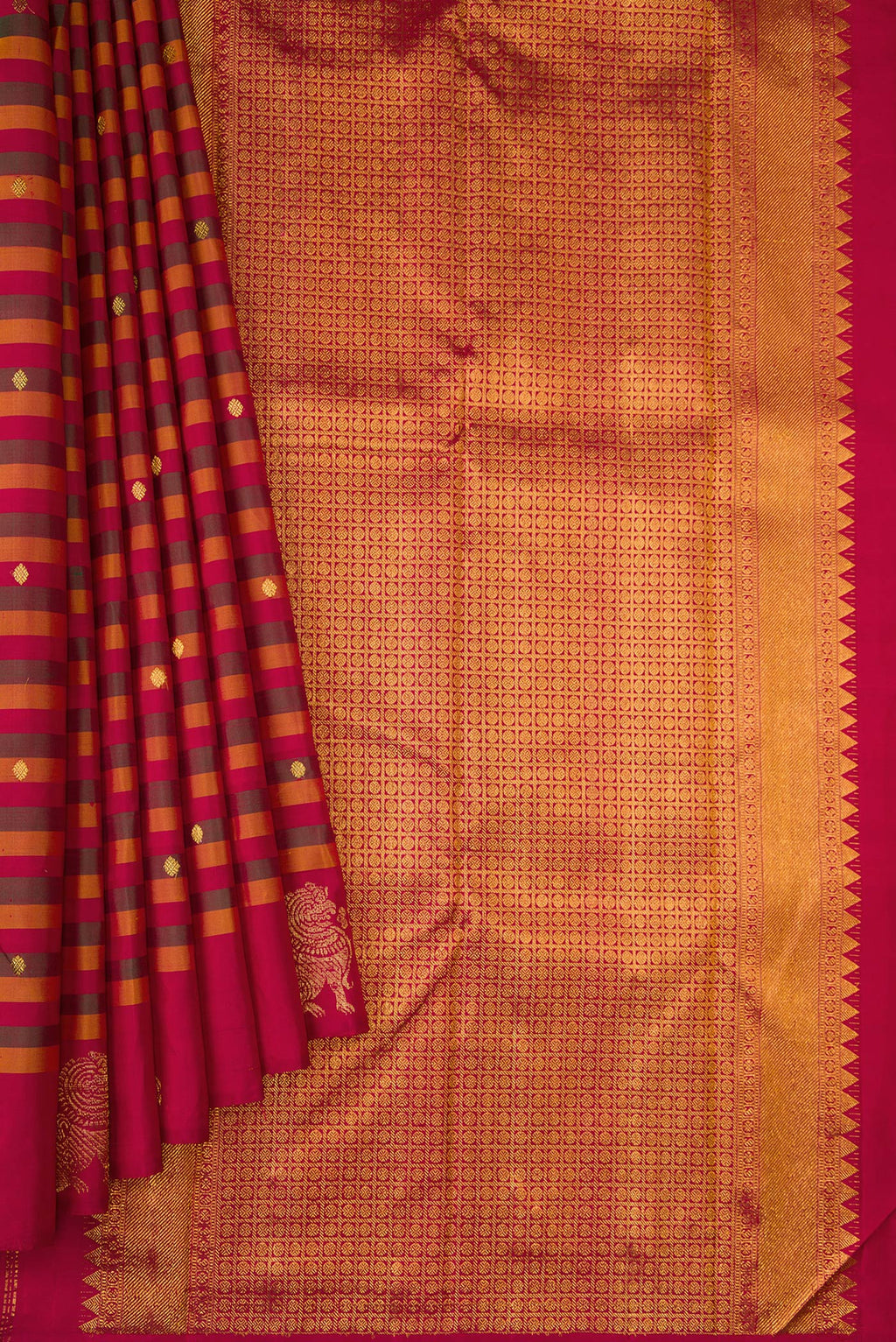 Pleats and pallu of Multi Color Kanchipuram Silk Saree with Stripes on the body and Fancy Border. 