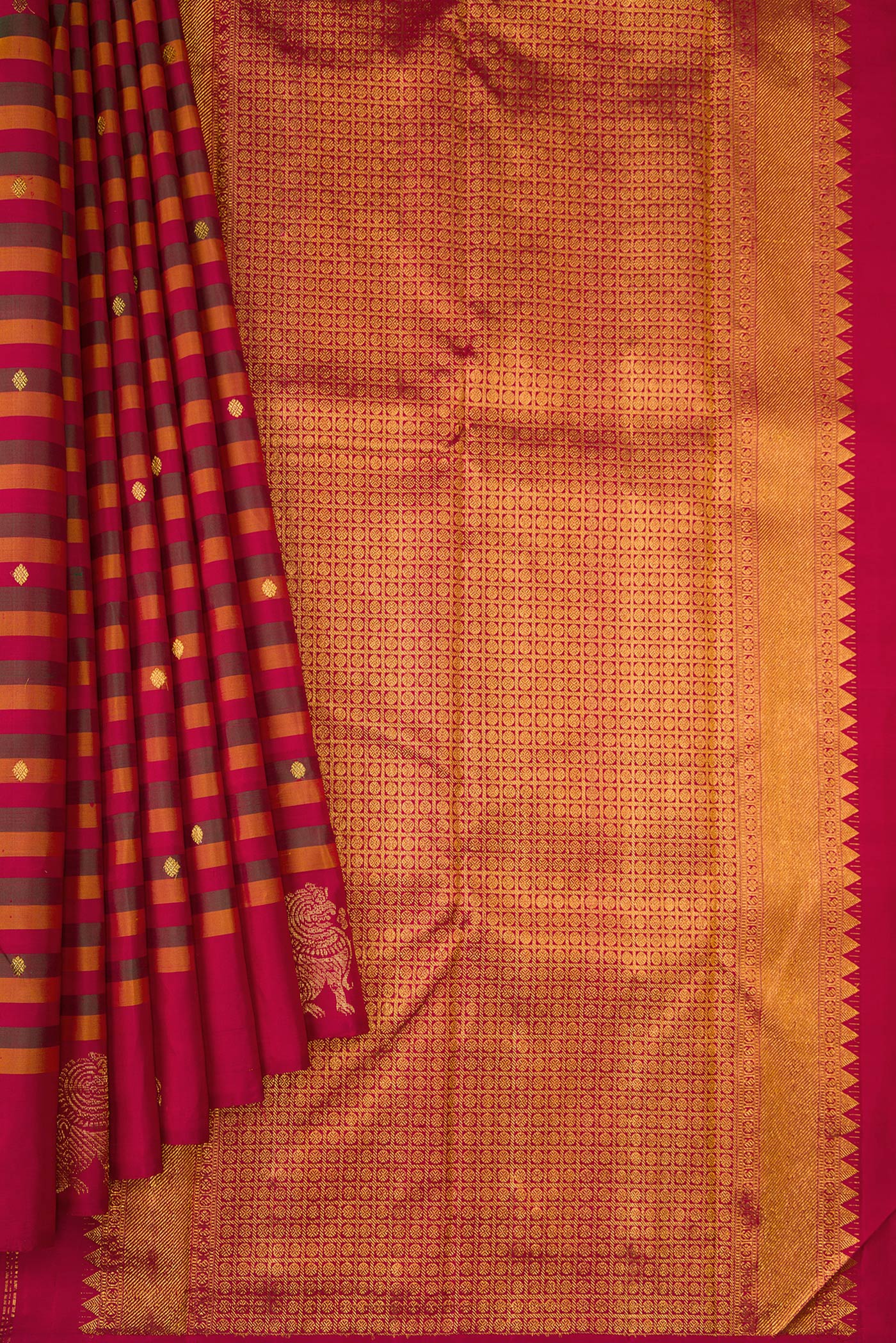 Pleats and pallu of Multi Color Kanchipuram Silk Saree with Stripes on the body and Fancy Border. 