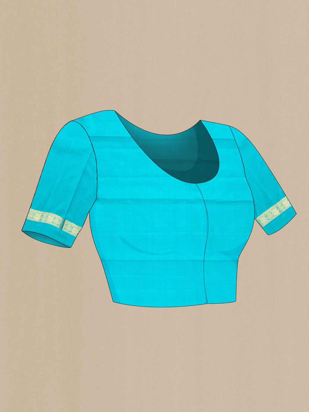 Close up image of the blouse of Sky Blue Dual Tone Kanchipuram Silk Saree with Zari Butta on the body and Zari Border. 