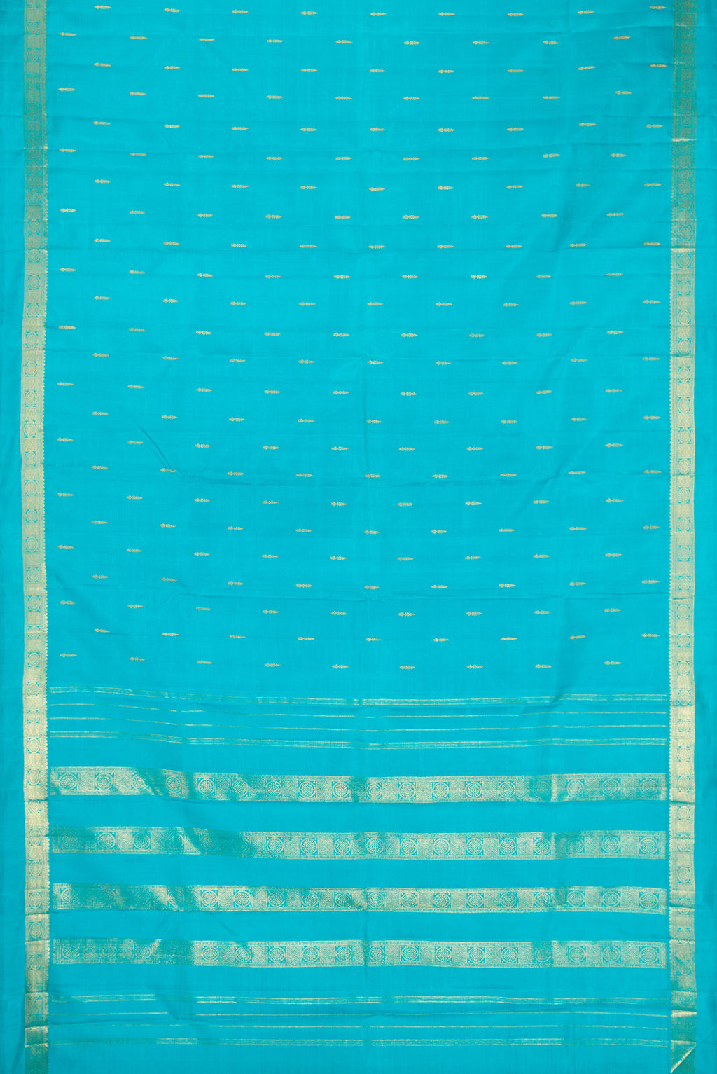 Flat view of Sky Blue Dual Tone Kanchipuram Silk Saree with Zari Butta on the body and Zari Border. 