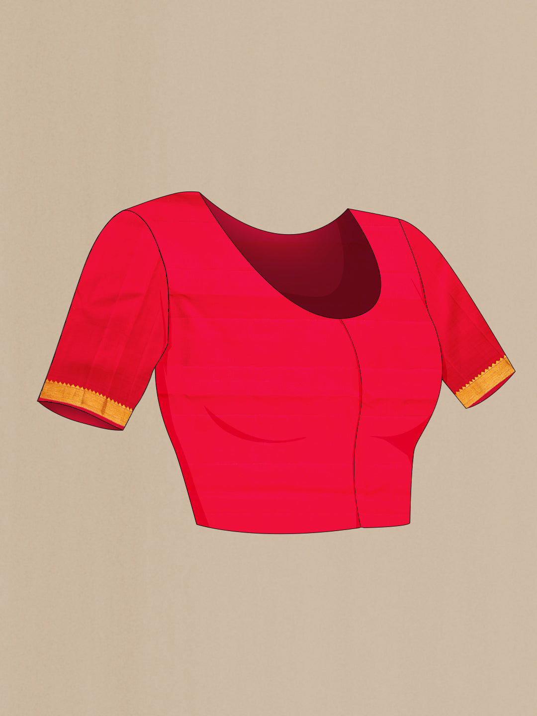 Close up image of the blouse of Red Dual Tone Kanchipuram Silk Saree with Zari Butta on the body and Zari Border. 