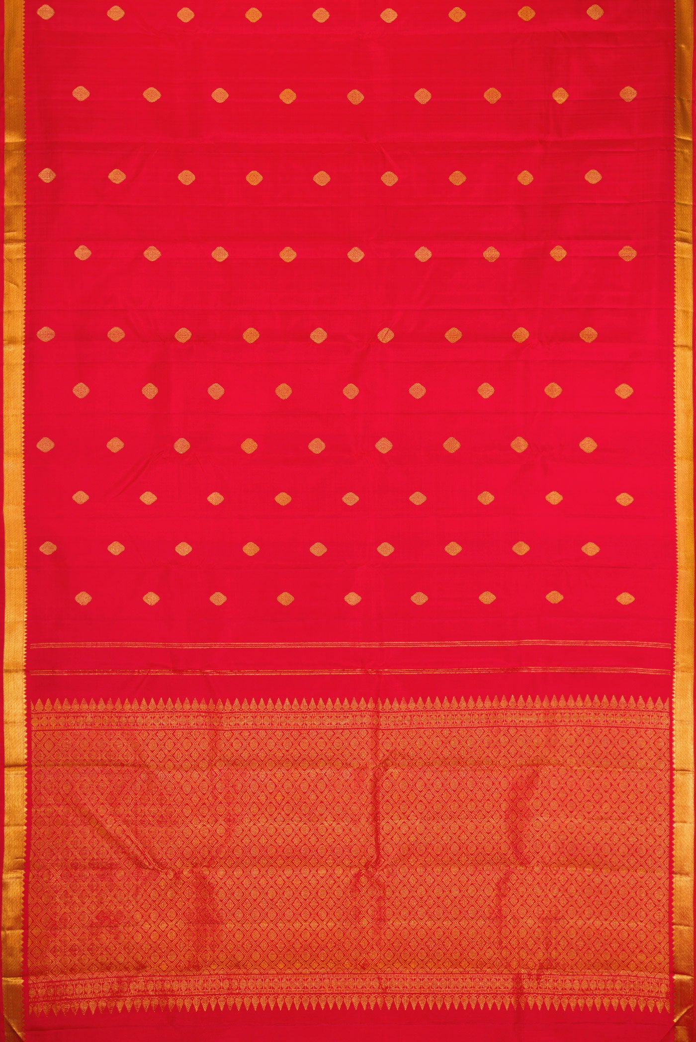 Flat view of Red Dual Tone Kanchipuram Silk Saree with Zari Butta on the body and Zari Border. 