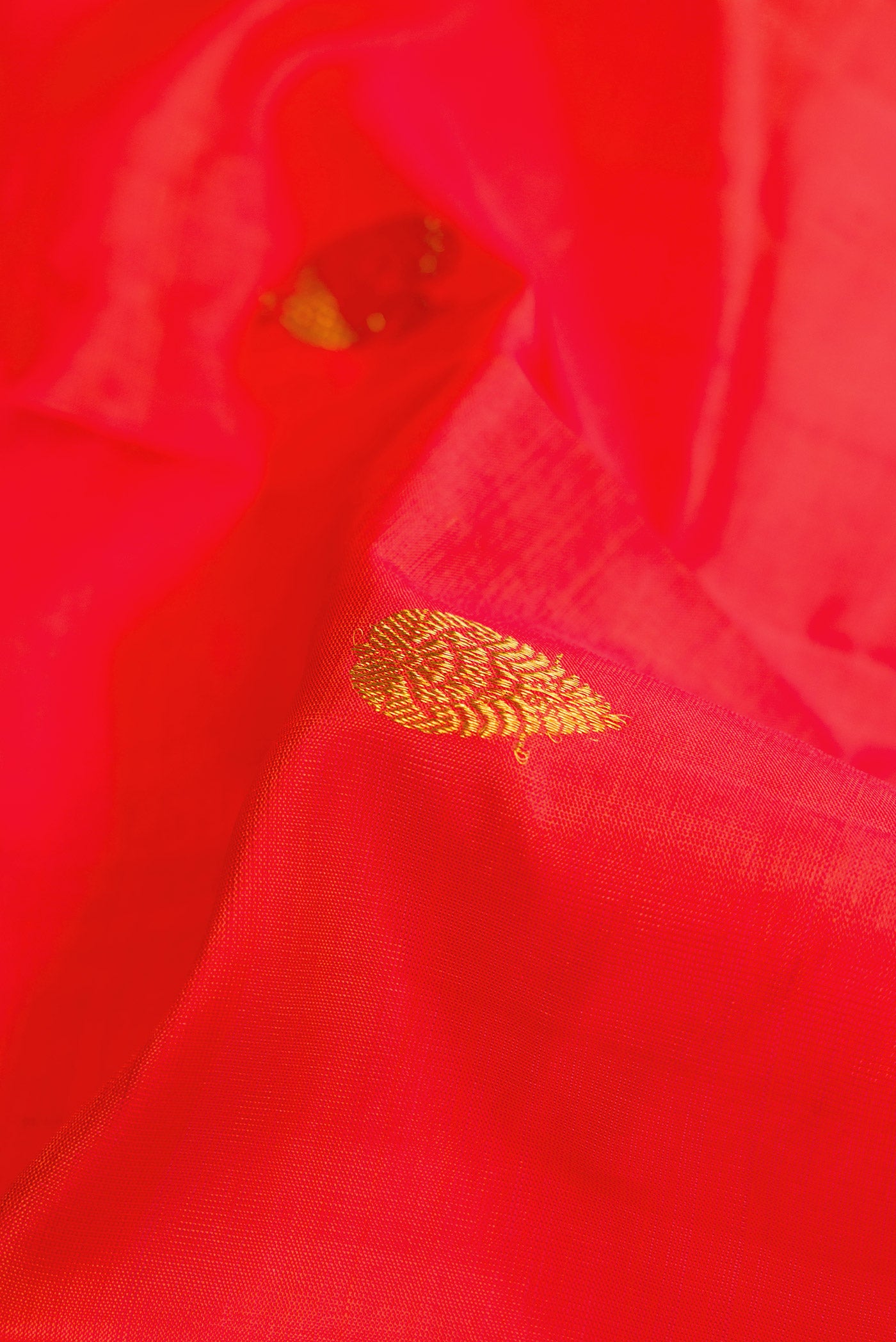 Close up of Coral Dual Tone Kanchipuram Silk Saree with Zari Butta on the body and Zari Border.  displaying folds