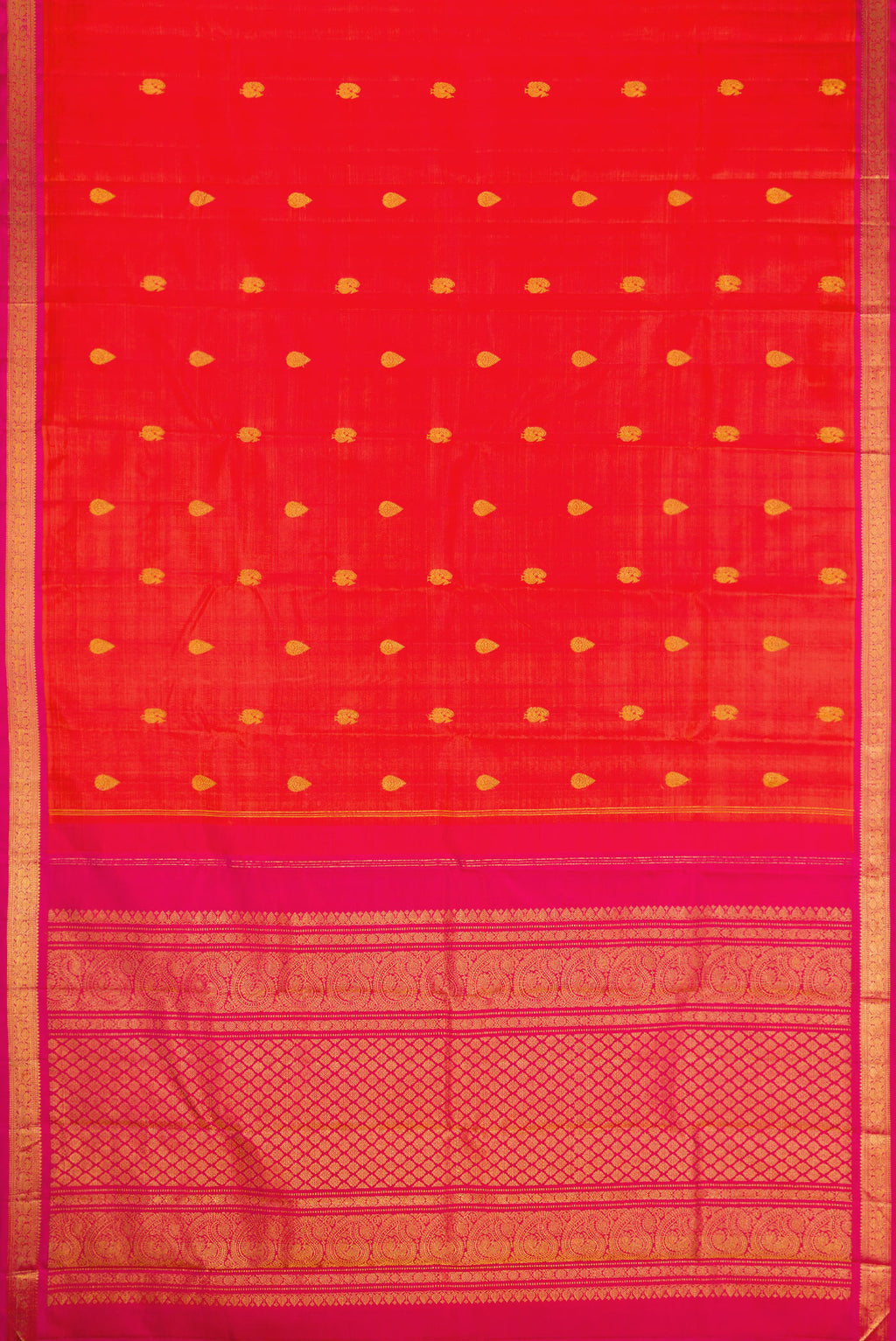 Flat view of Coral Dual Tone Kanchipuram Silk Saree with Zari Butta on the body and Zari Border. 