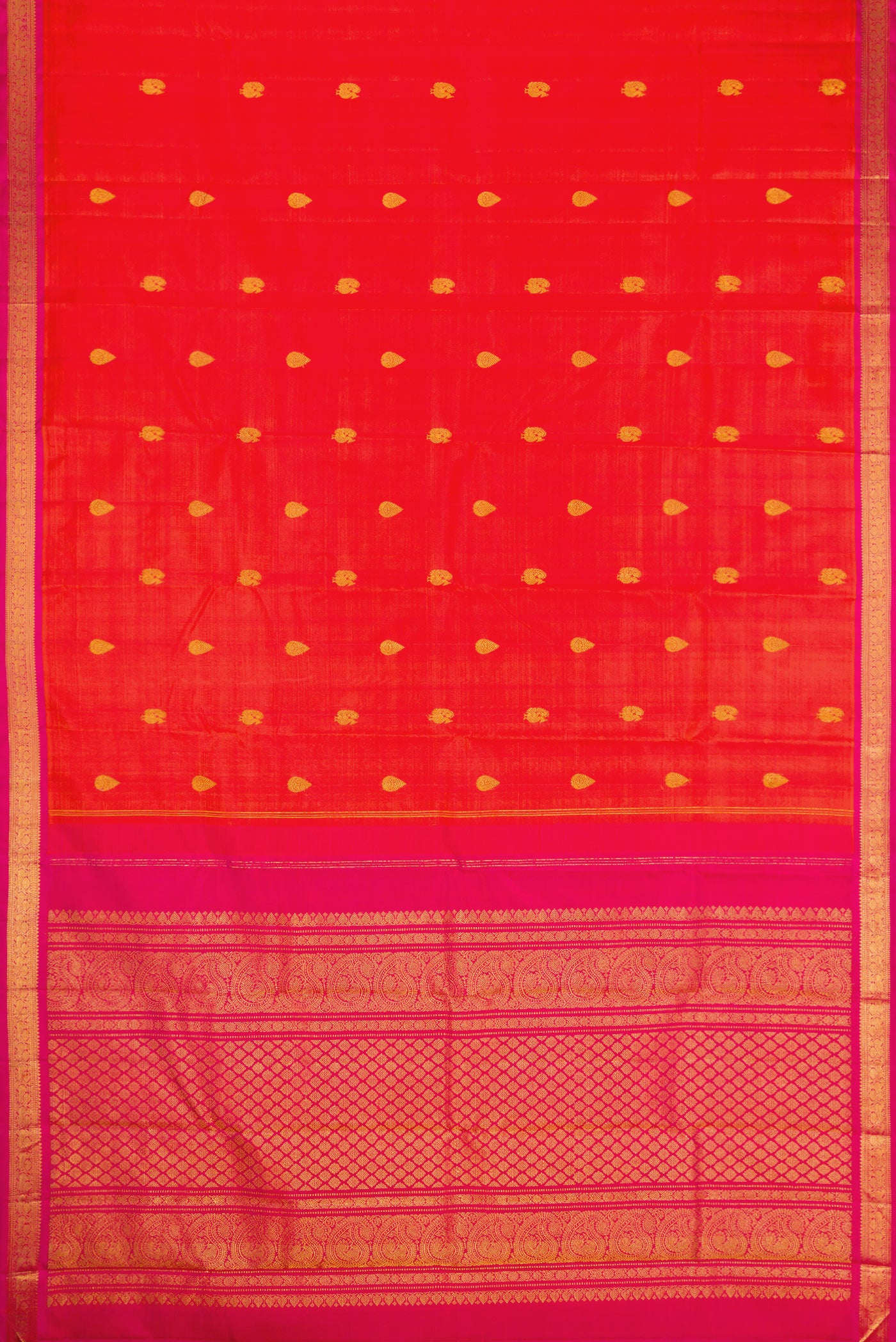 Flat view of Coral Dual Tone Kanchipuram Silk Saree with Zari Butta on the body and Zari Border. 