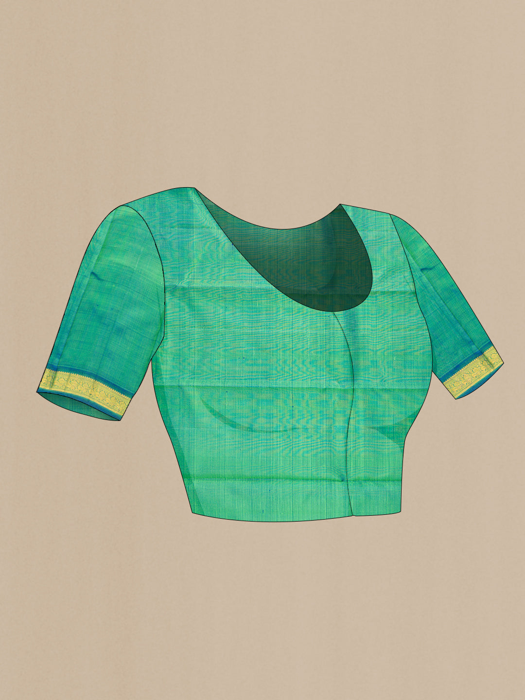 Close up image of the blouse of Parrot Green Kanchipuram Silk Saree with Zari Butta on the body and Zari Border. 
