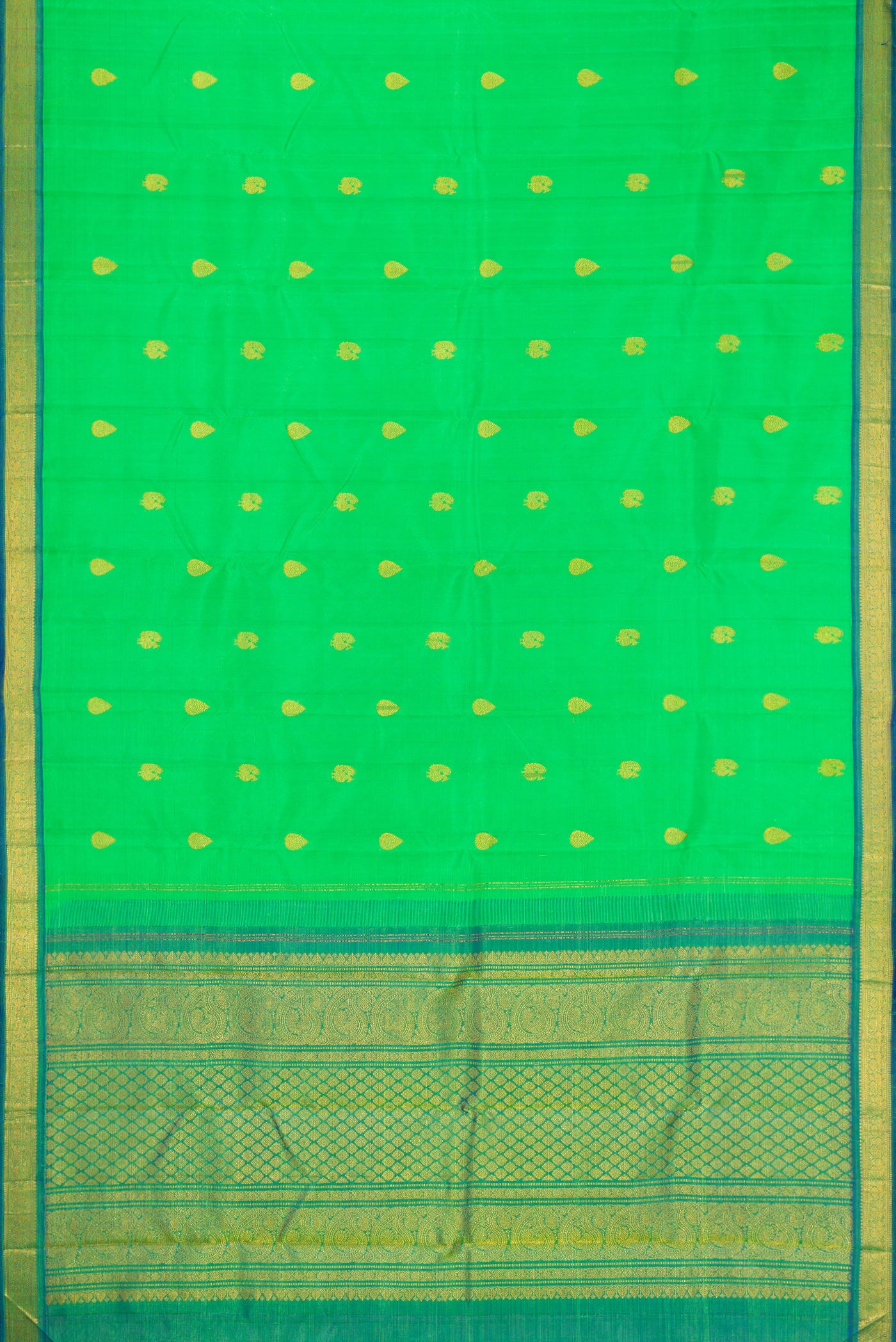 Flat view of Parrot Green Kanchipuram Silk Saree with Zari Butta on the body and Zari Border. 