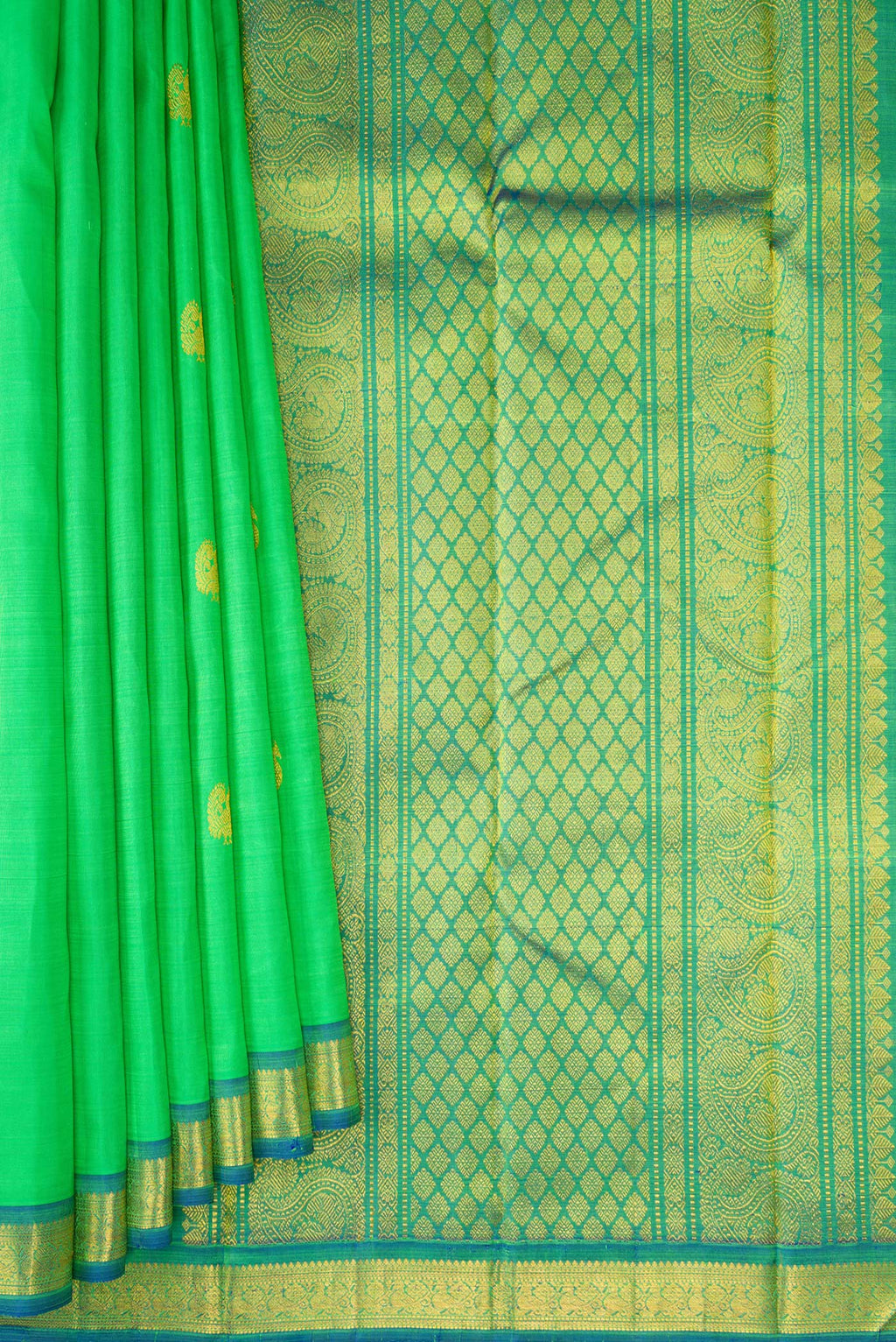 Pleats and pallu of Parrot Green Kanchipuram Silk Saree with Zari Butta on the body and Zari Border. 