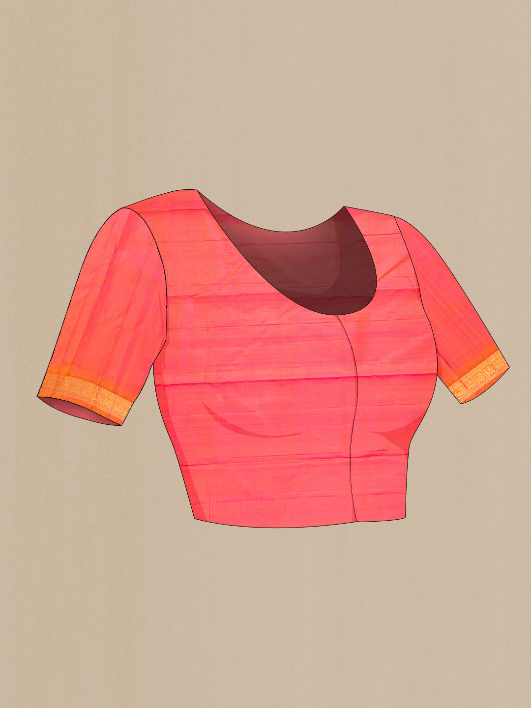 Close up image of the blouse of Pink Kanchipuram Silk Saree with Zari Butta on the body and Zari Border. 