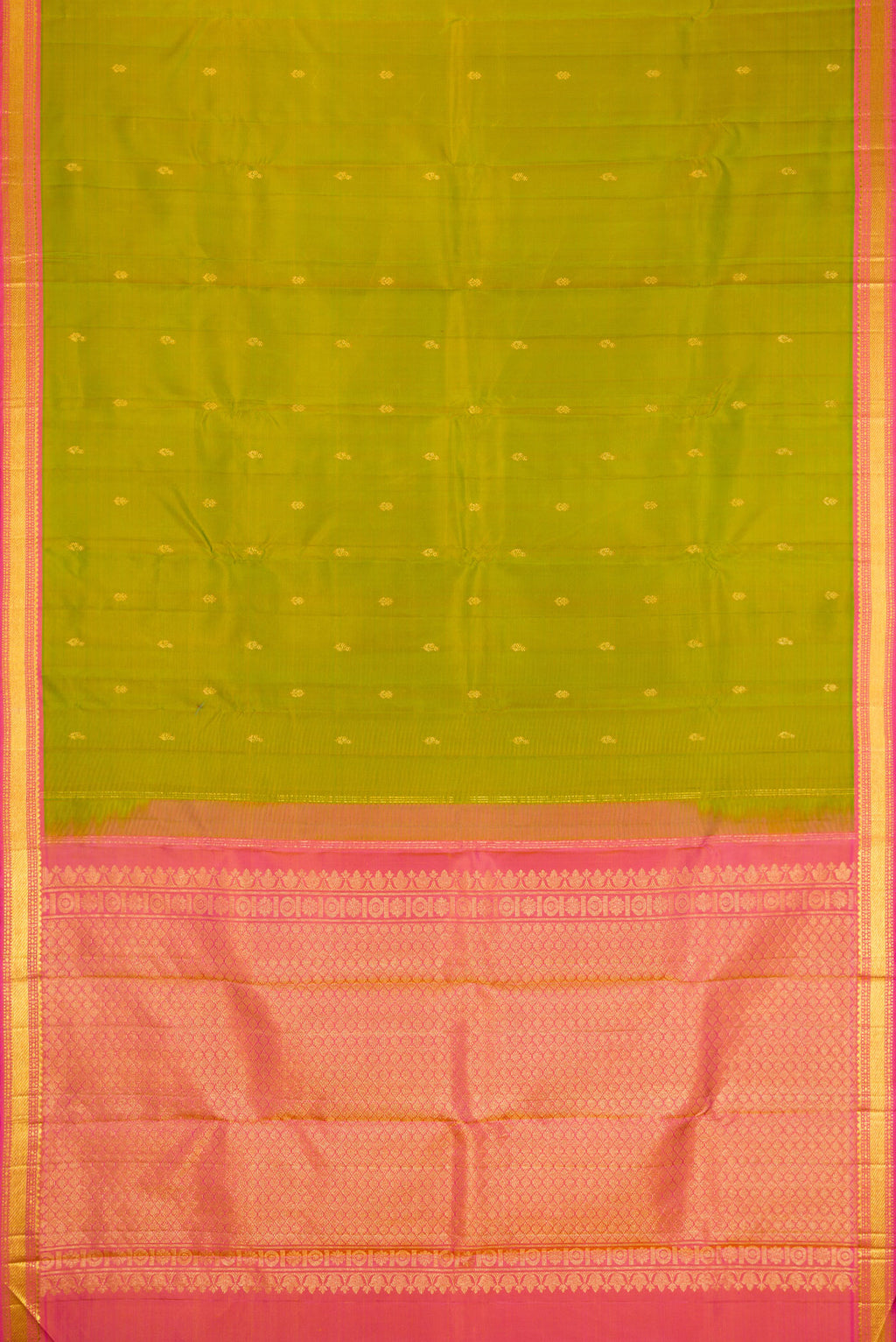 Flat view of Mehandi Green Kanchipuram Silk Saree with Zari Butta on the body and Zari Border. 