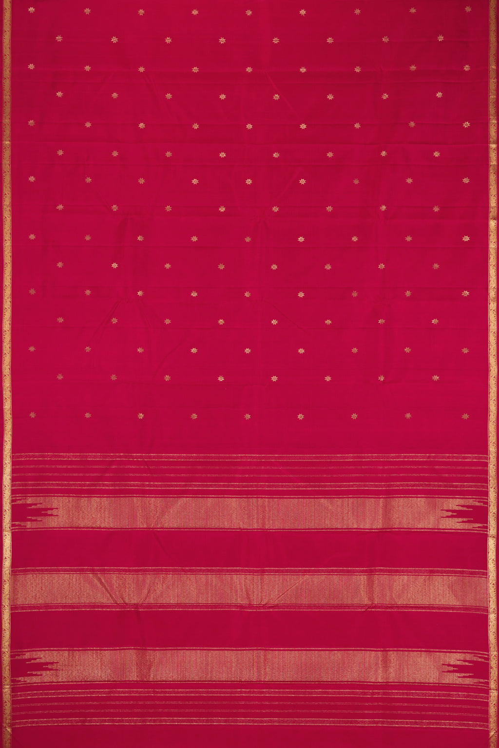 Flat view of Maroon Dual Tone Kanchipuram Silk Saree with Zari Butta on the body and Zari Border. 