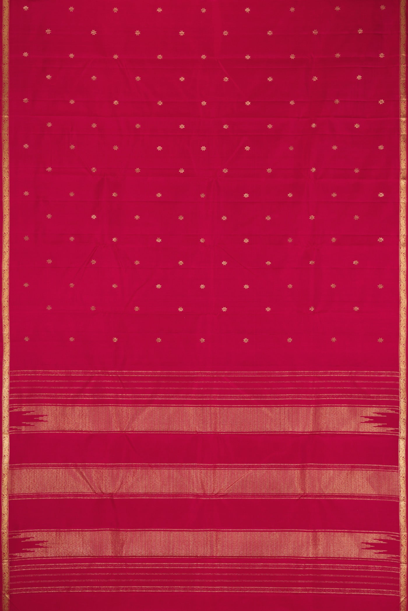 Flat view of Maroon Dual Tone Kanchipuram Silk Saree with Zari Butta on the body and Zari Border. 