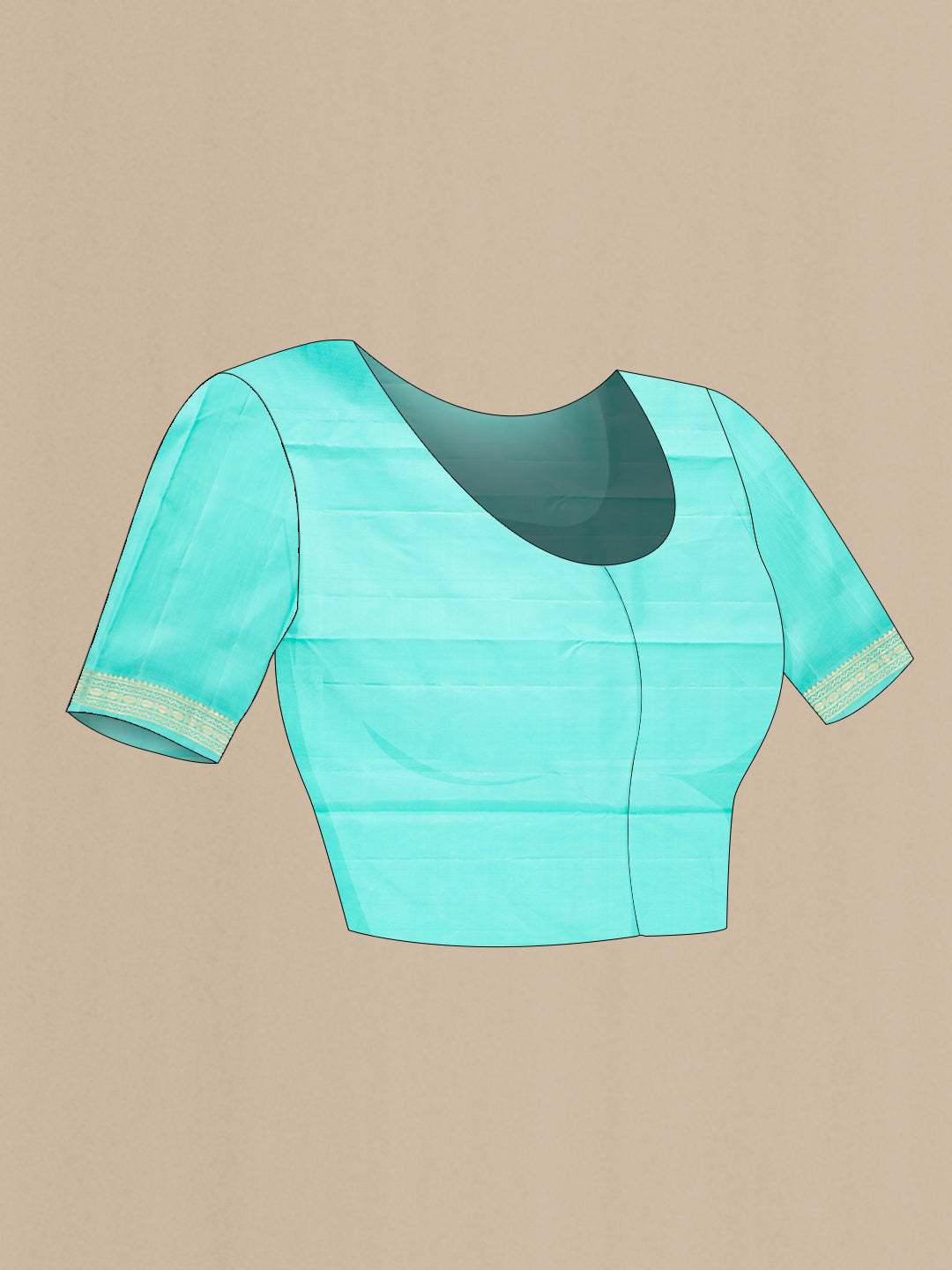 Close up image of the blouse of Sky Blue Dual Tone Kanchipuram Silk Saree with Zari Butta on the body and Zari Border. 