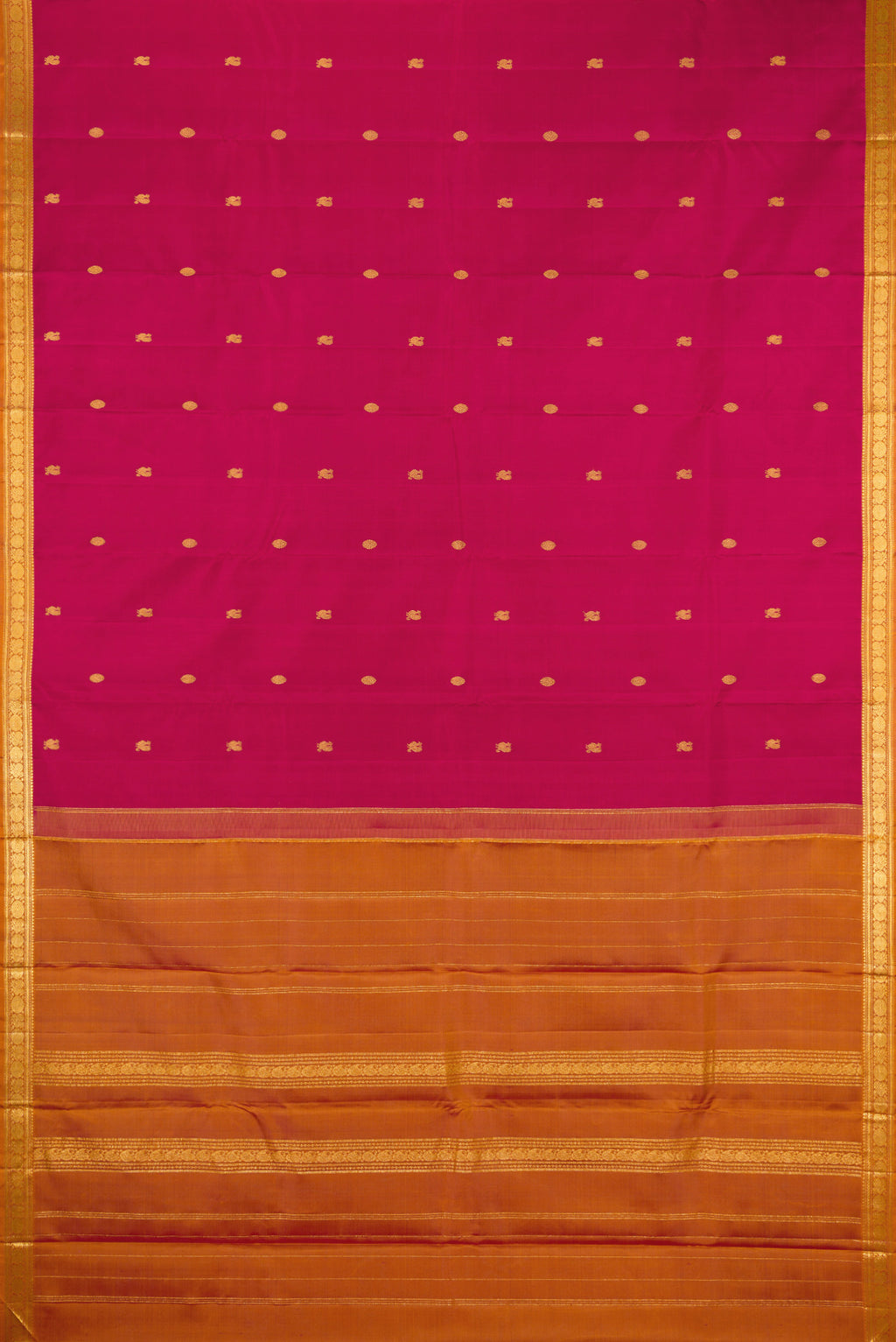 Flat view of Maroon Kanchipuram Silk Saree with Zari Butta on the body and Zari Border. 