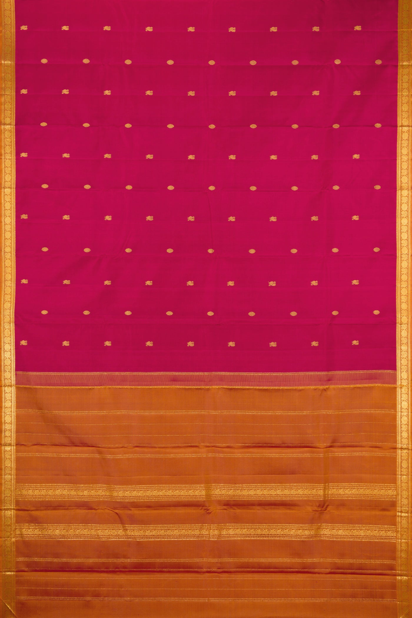Flat view of Maroon Kanchipuram Silk Saree with Zari Butta on the body and Zari Border. 