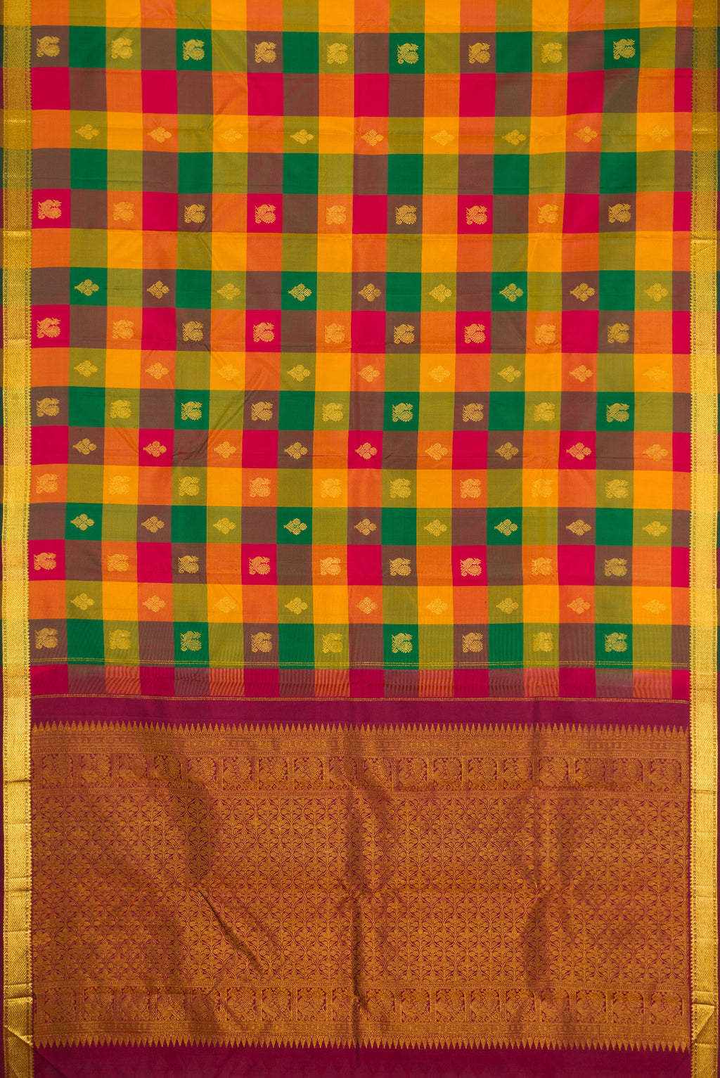 Flat view of Multi Color Kanchipuram Silk Saree with Checked design on the body and Zari Border. 