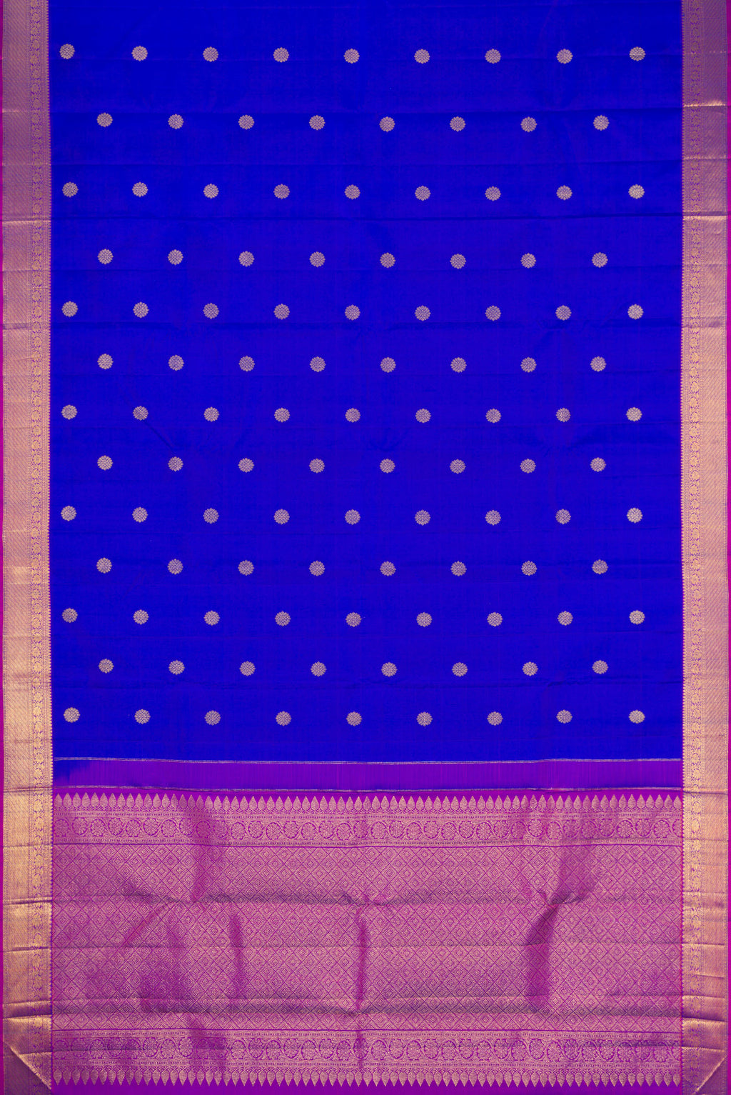 Flat view of Royal Blue Dual Tone Kanjivaram Silk Saree with Zari Butta on the body and Zari Border. 