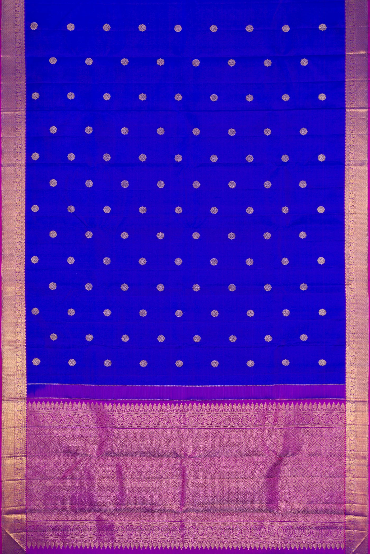 Flat view of Royal Blue Dual Tone Kanjivaram Silk Saree with Zari Butta on the body and Zari Border. 