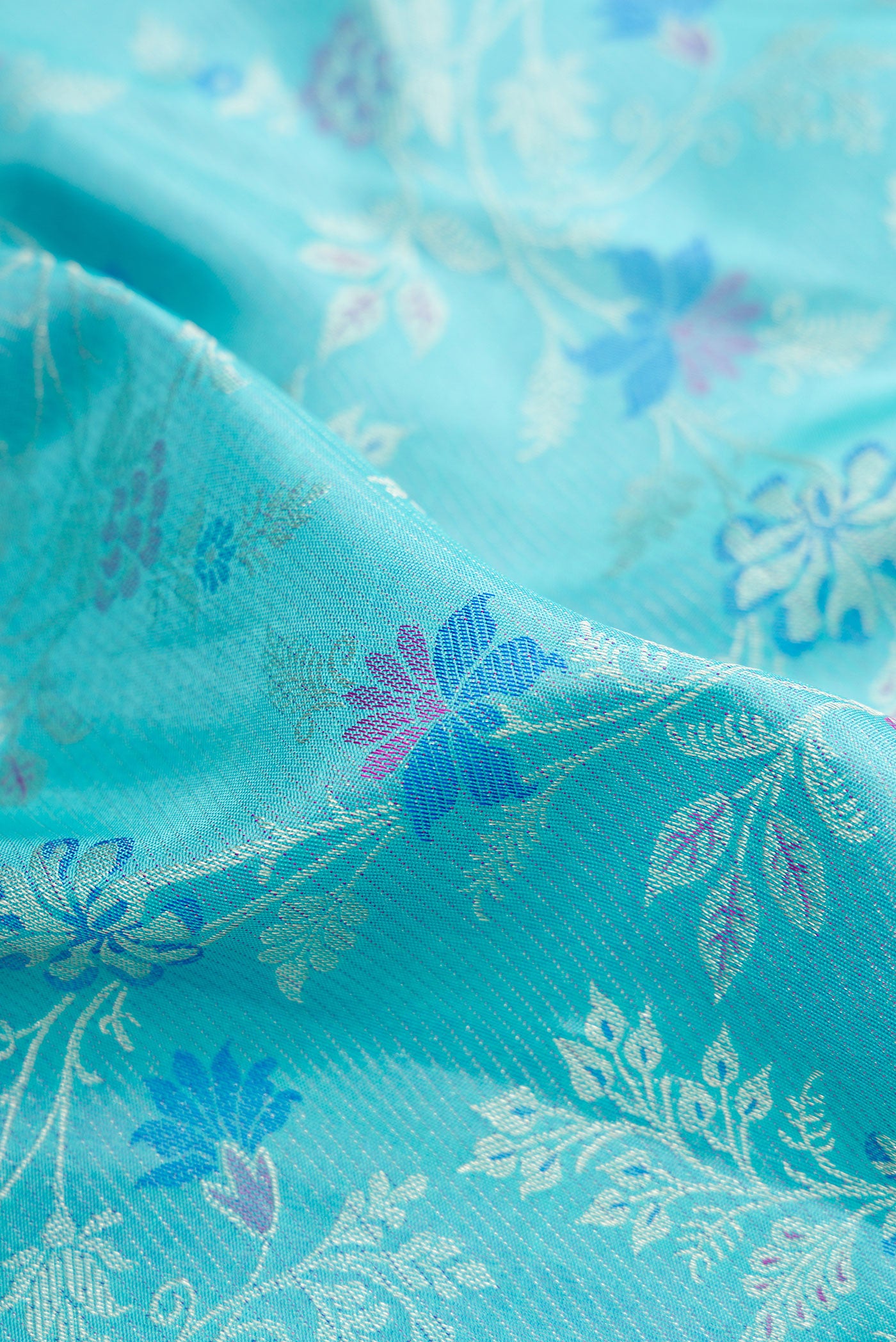 Close up of Sky Blue Dual Tone Kanjivaram Silk Saree with Jacquard design on the body and Fancy Border.  displaying folds