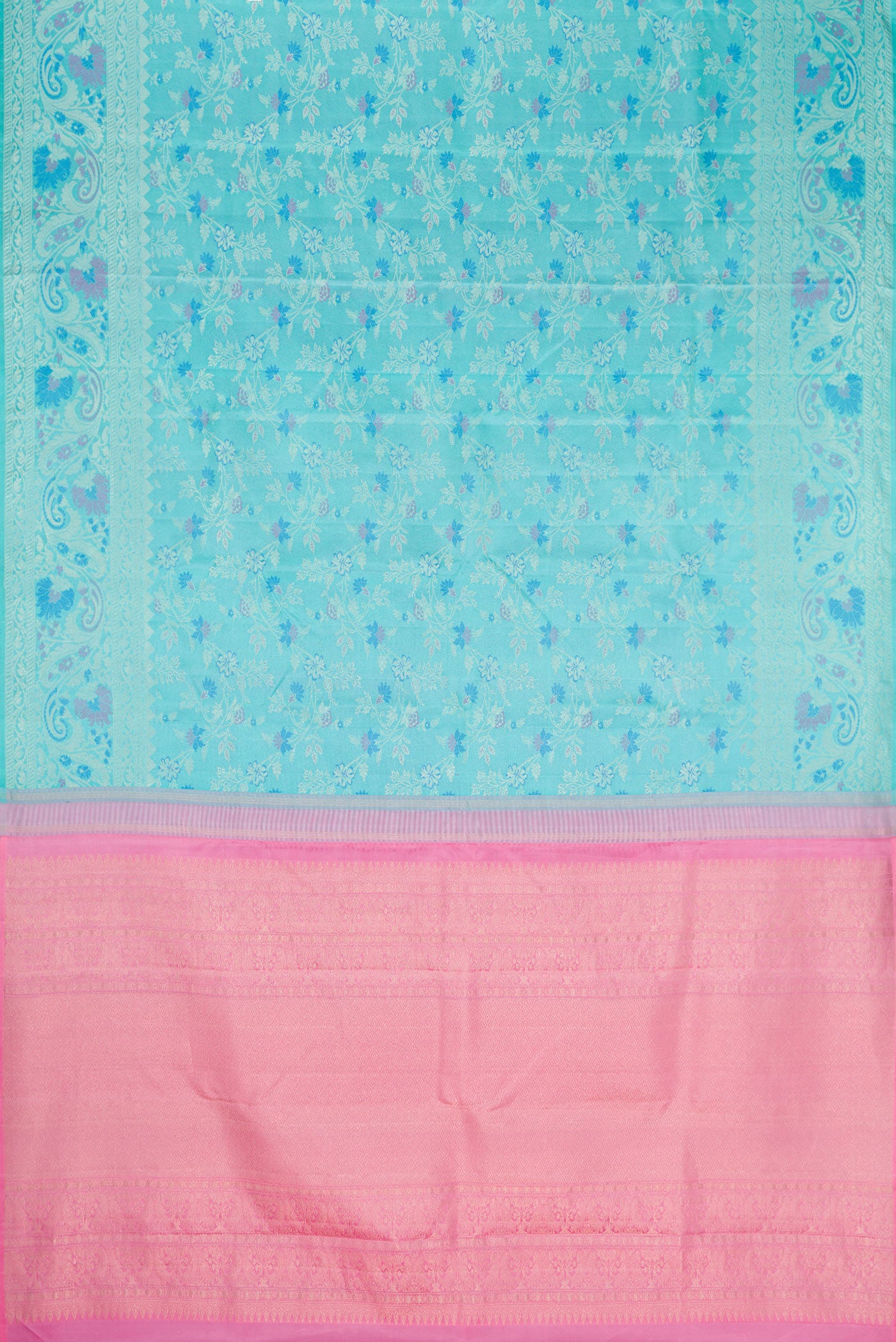 Flat view of Sky Blue Dual Tone Kanjivaram Silk Saree with Jacquard design on the body and Fancy Border. 