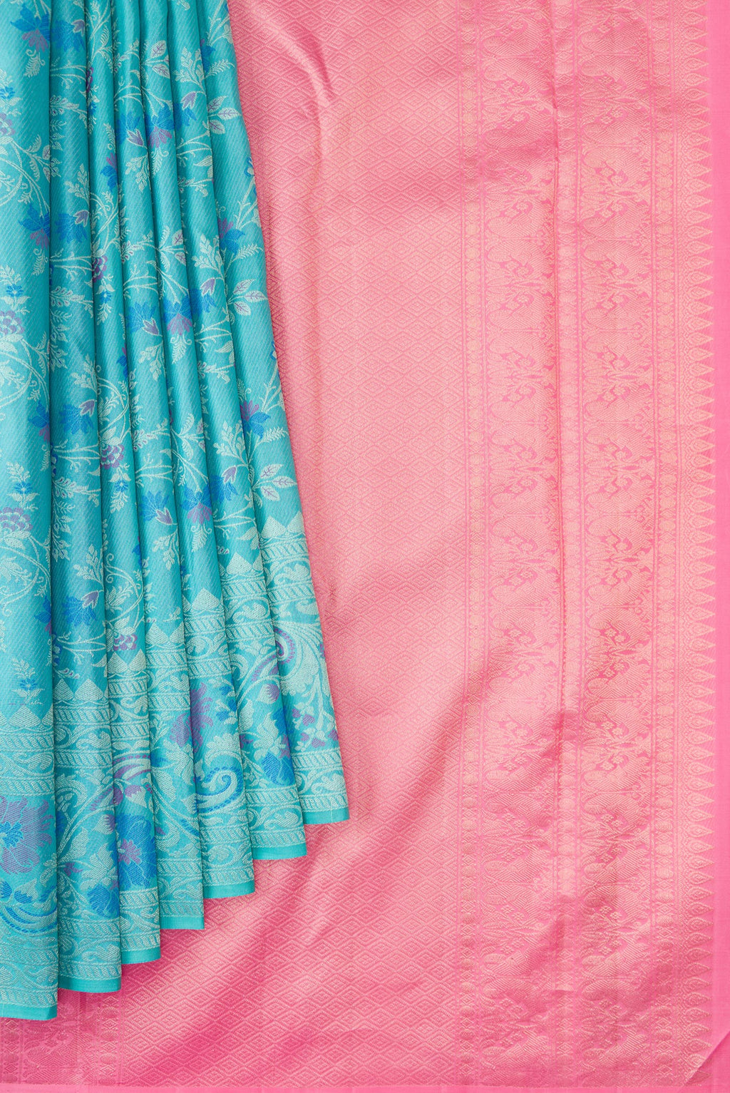 Pleats and pallu of Sky Blue Dual Tone Kanjivaram Silk Saree with Jacquard design on the body and Fancy Border. 
