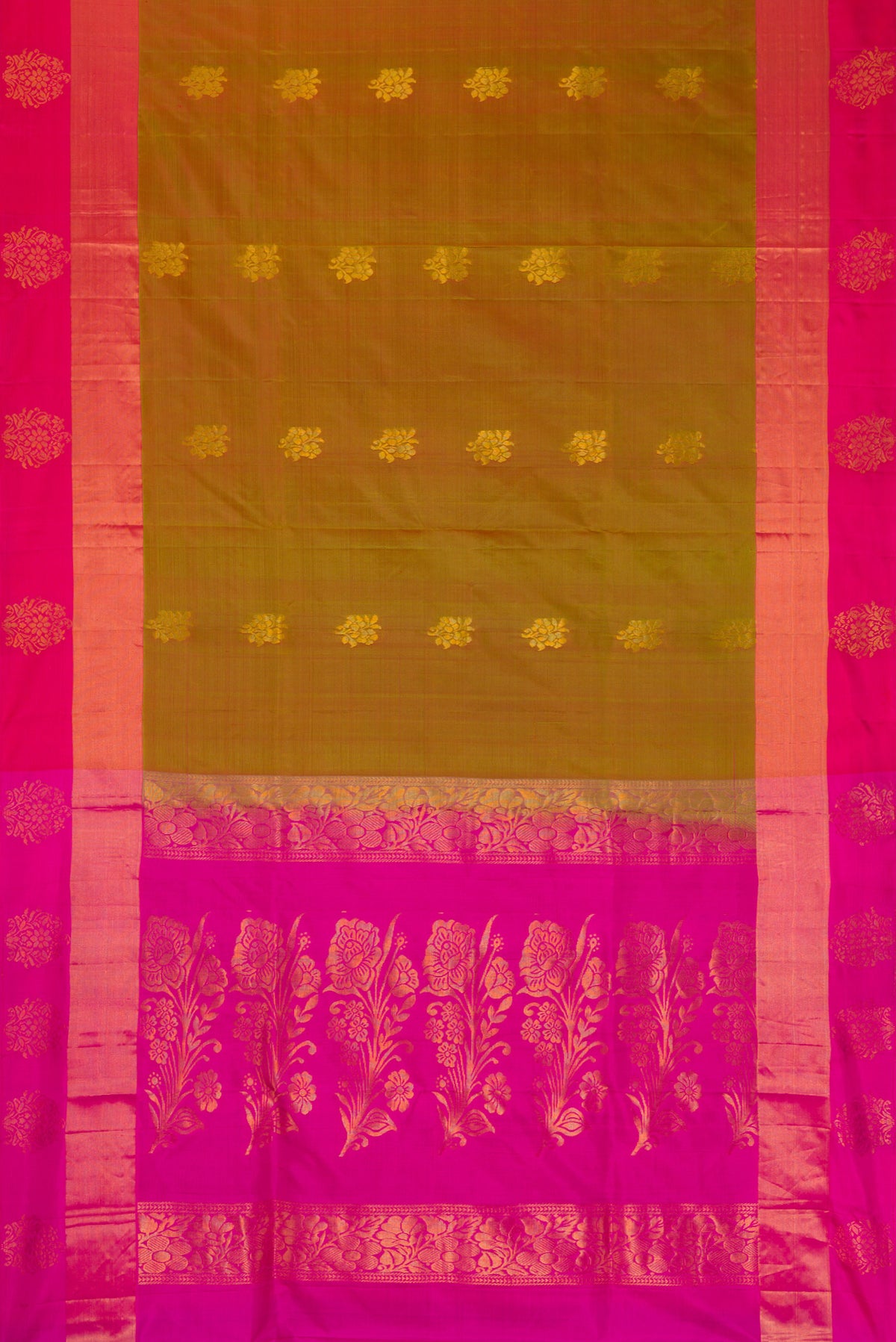 Flat view of Mehandi Green Dual Tone Soft Silk Saree with Zari Butta on the body and Fancy Border. 