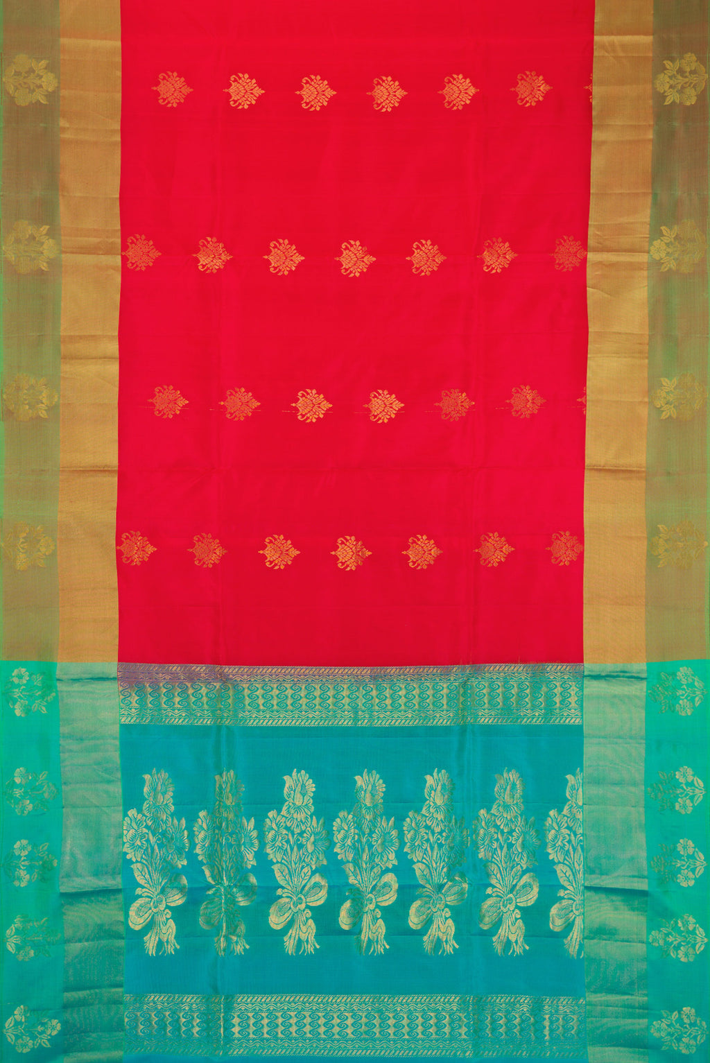 Flat view of Red Soft Silk Saree with Zari Butta on the body and Fancy Border. 
