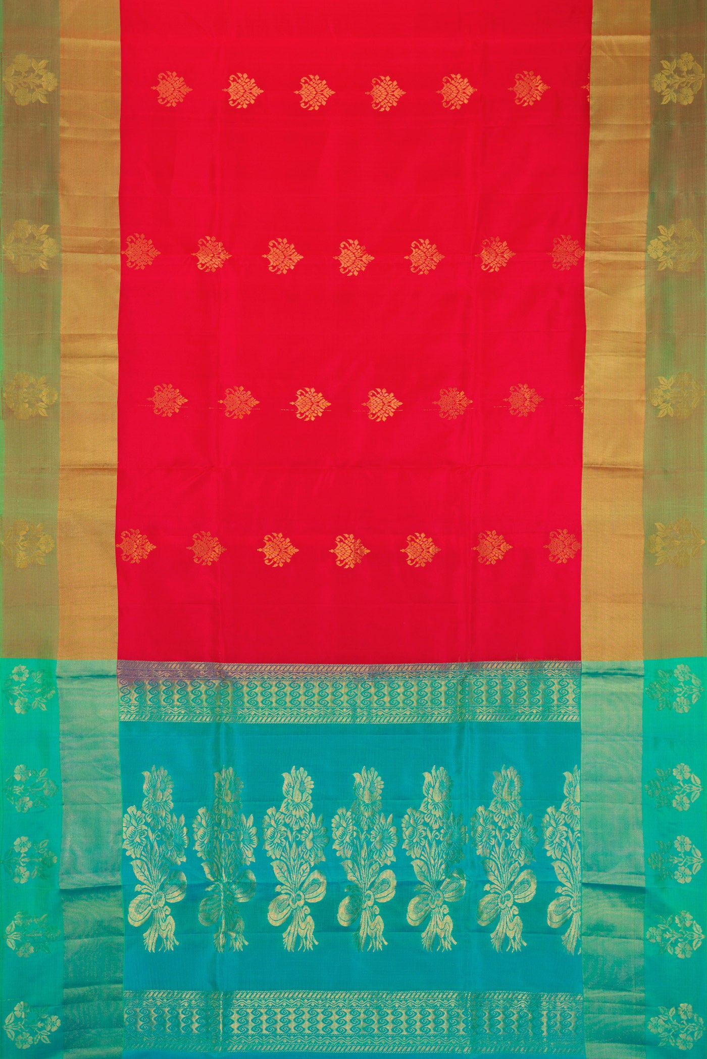 Flat view of Red Soft Silk Saree with Zari Butta on the body and Fancy Border. 