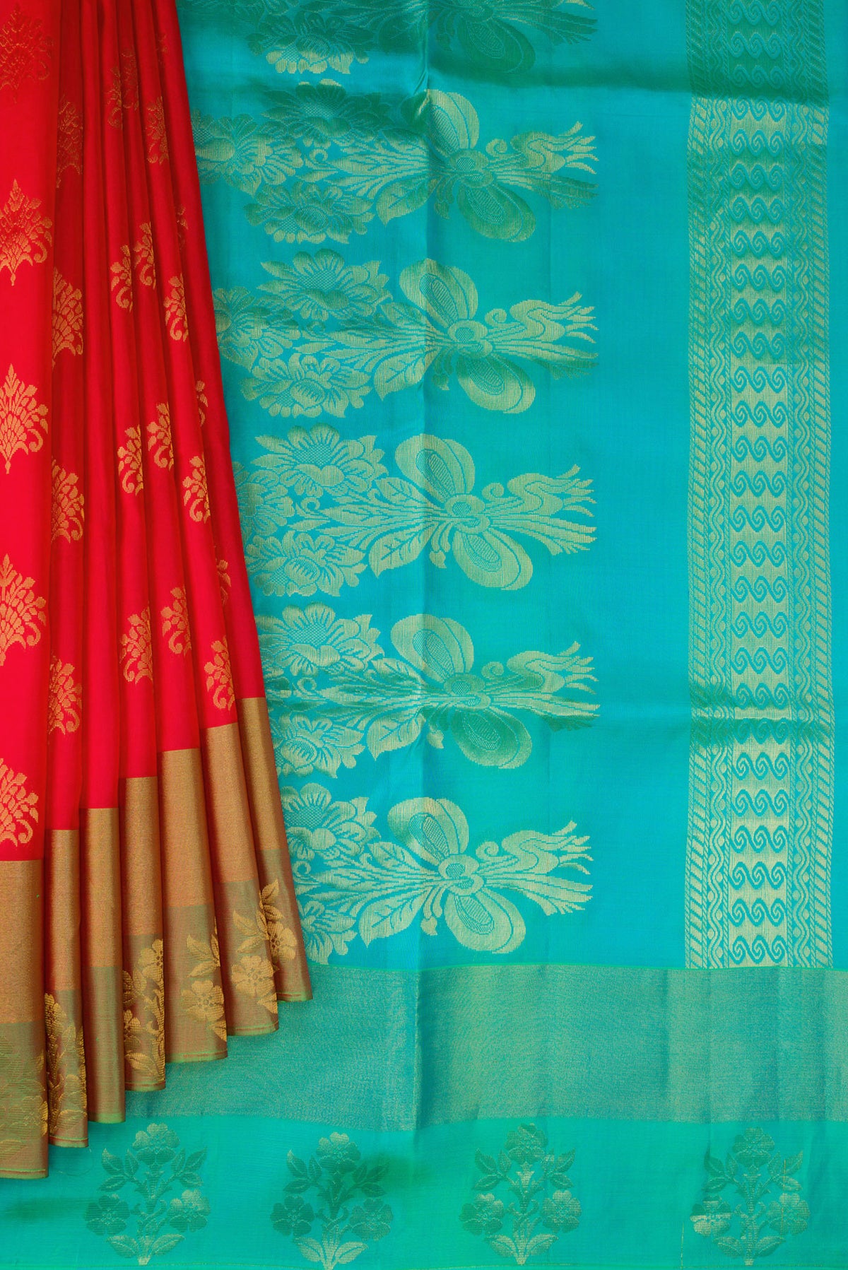 Pleats and pallu of Red Soft Silk Saree with Zari Butta on the body and Fancy Border. 