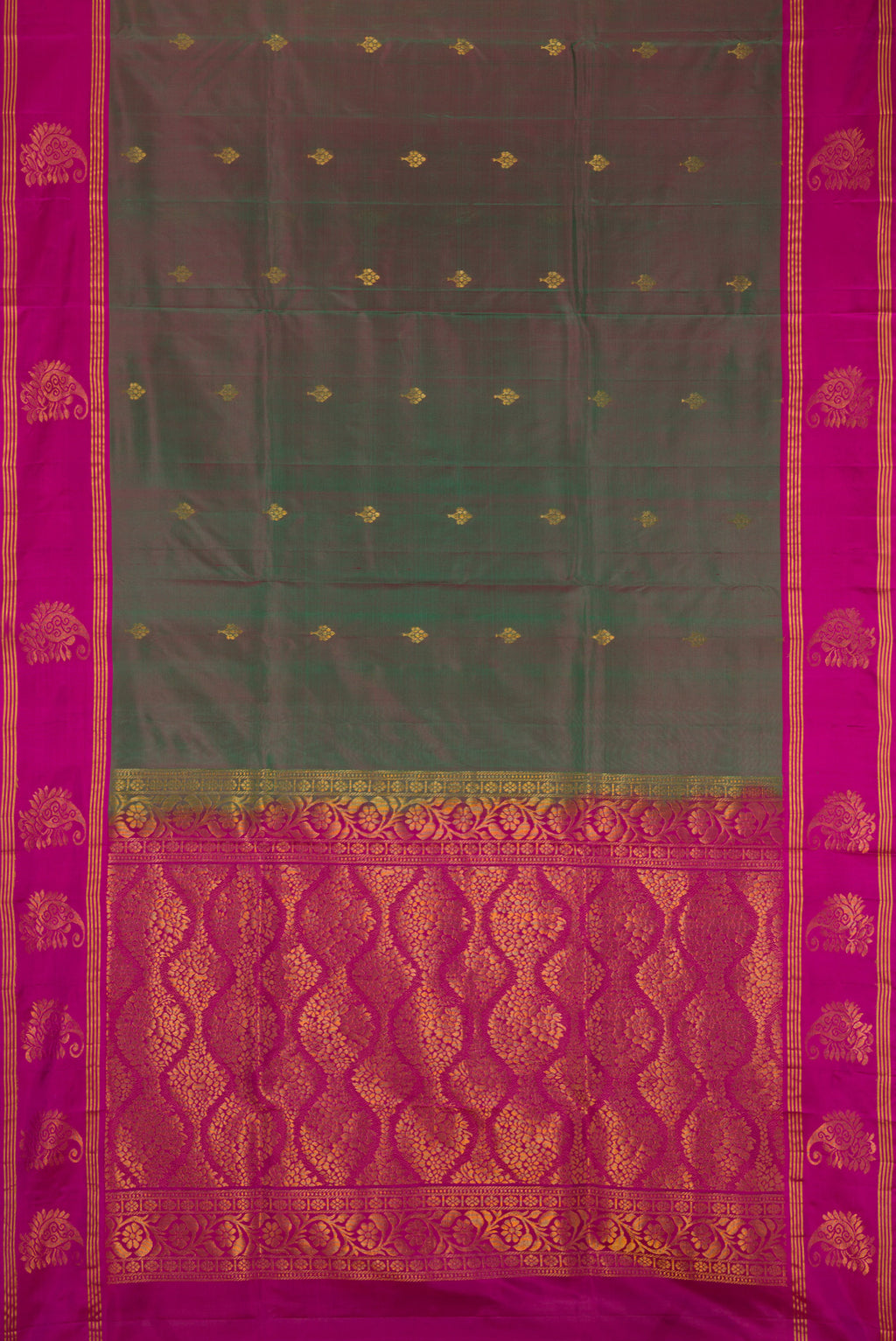 Flat view of Multi Color Soft Silk Saree with Zari Butta on the body and Fancy Border. 