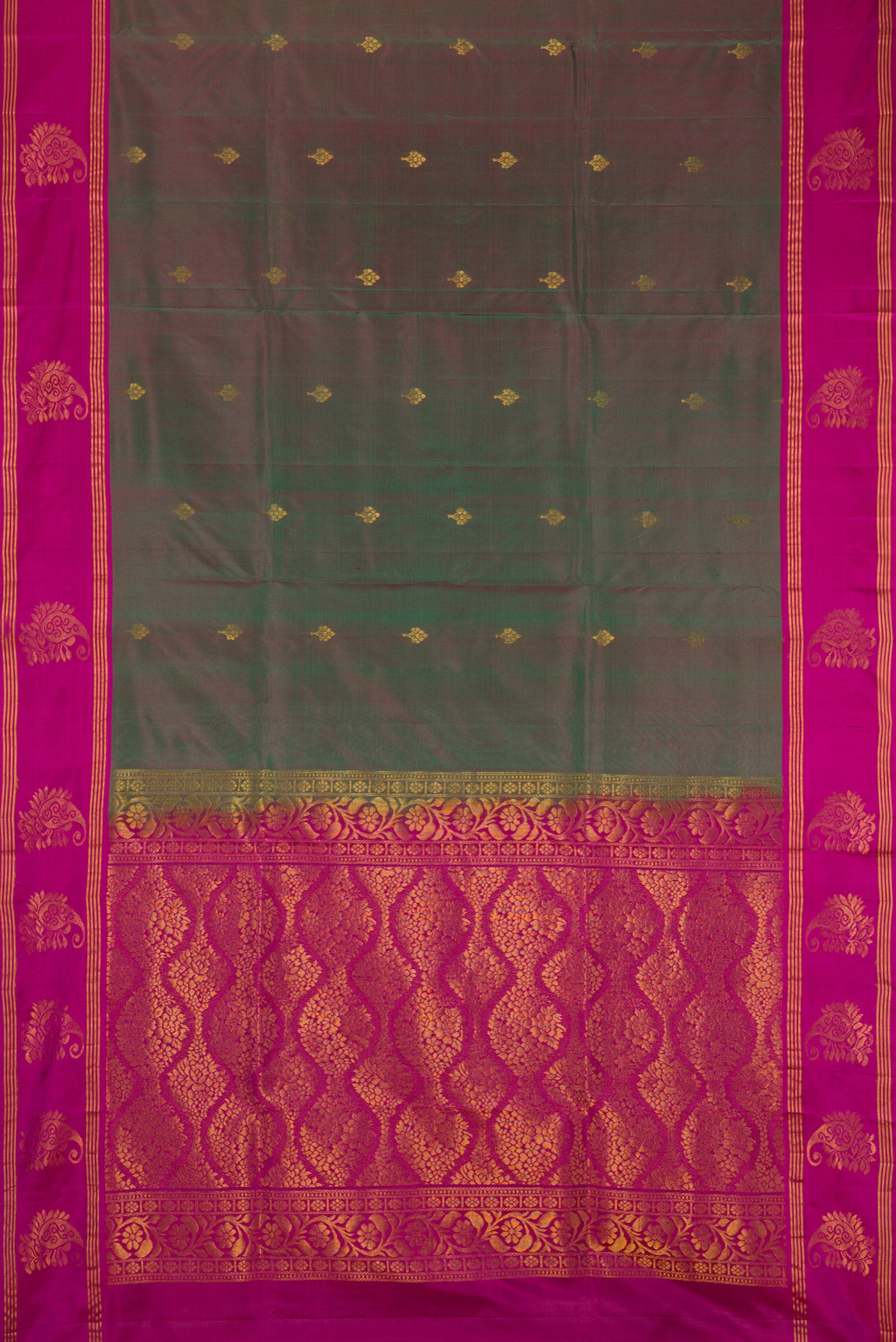 Flat view of Multi Color Soft Silk Saree with Zari Butta on the body and Fancy Border. 
