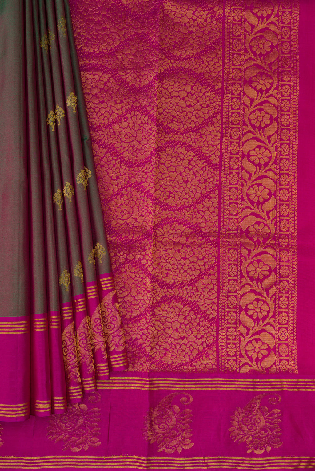 Pleats and pallu of Multi Color Soft Silk Saree with Zari Butta on the body and Fancy Border. 