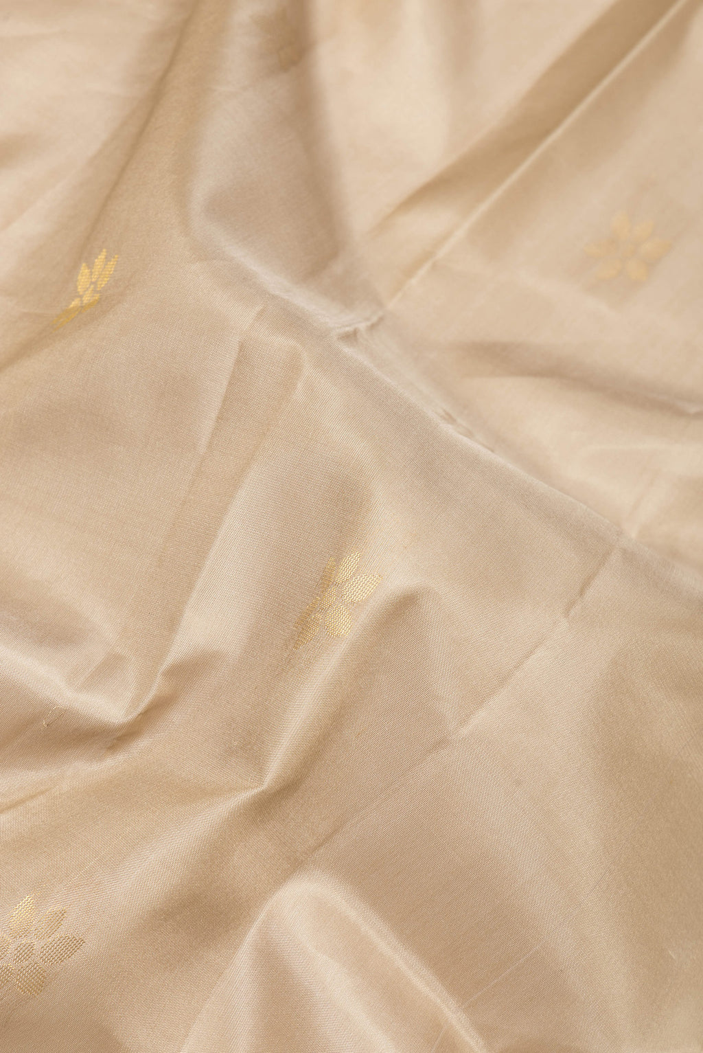 Close up of Dark Beige Soft Silk Saree with Zari Butta on the body and Fancy Border.  displaying folds
