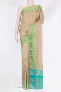 Dark Beige Soft Silk Saree with Zari Butta on the body and Fancy Border.  displayed on a mannequin