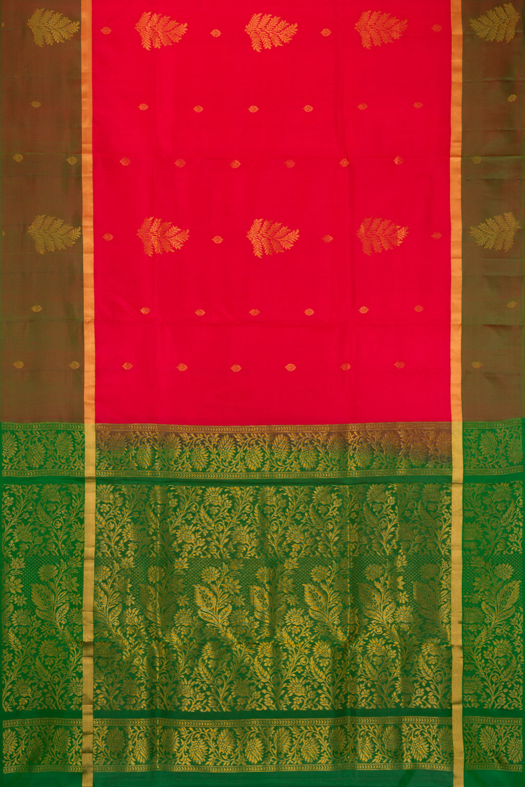 Flat view of Pink Soft Silk Saree with Zari Butta on the body and Fancy Border. 