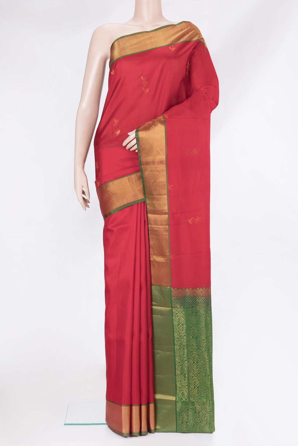 Red Soft Silk Saree with Zari Butta on the body and Zari Border.  displayed on a mannequin