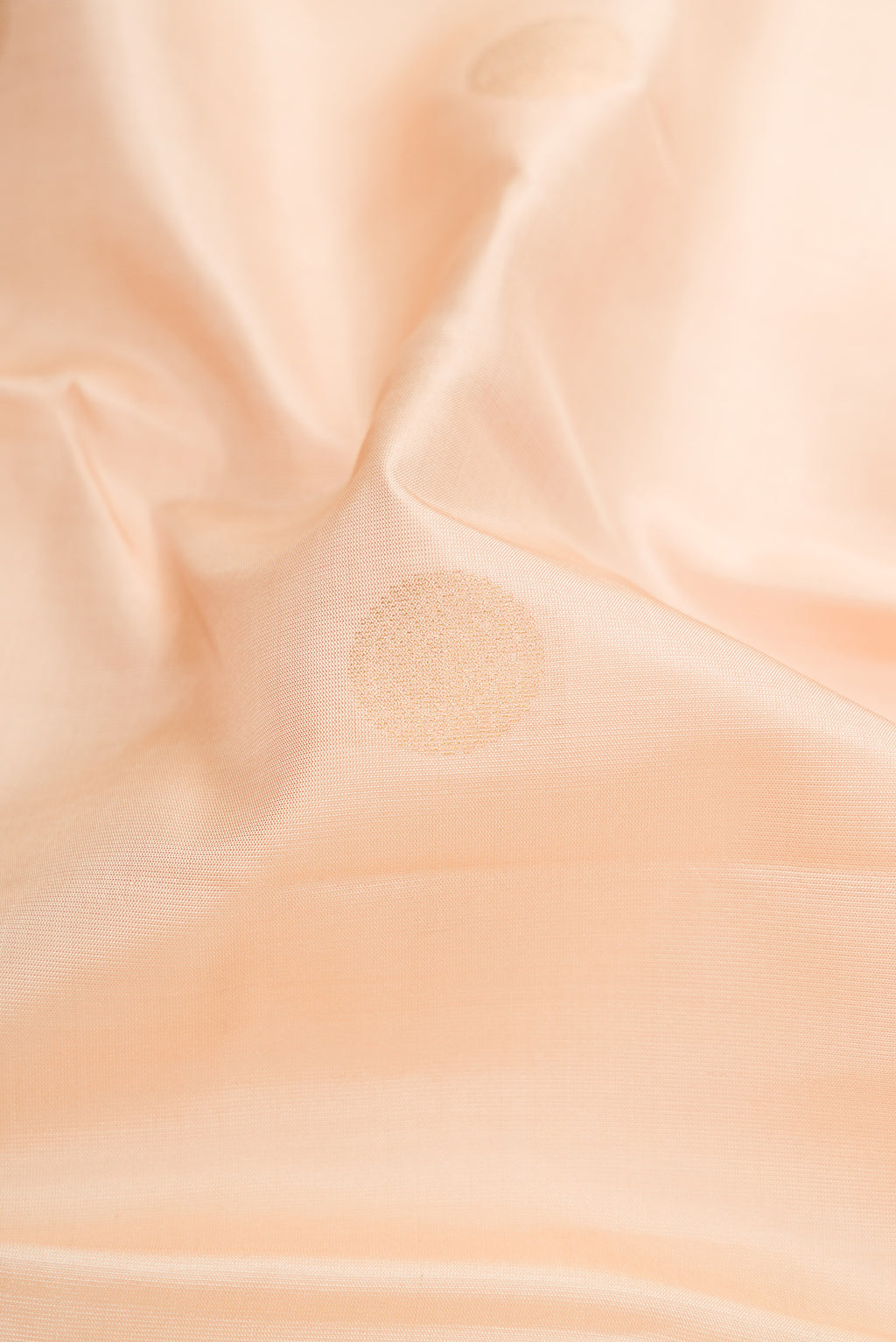Close up of Beige Kanchipuram Silk Saree with Zari Butta on the body and Zari Border.  displaying folds