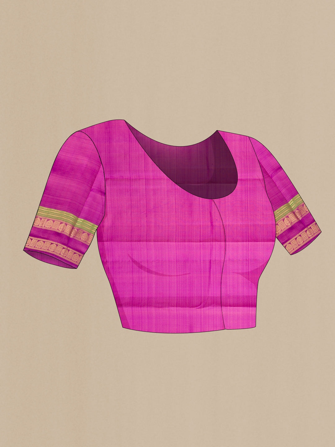 Close up image of the blouse of Orange Dual Tone Kanchipuram Silk Saree with Zari Butta on the body and Zari Border. 