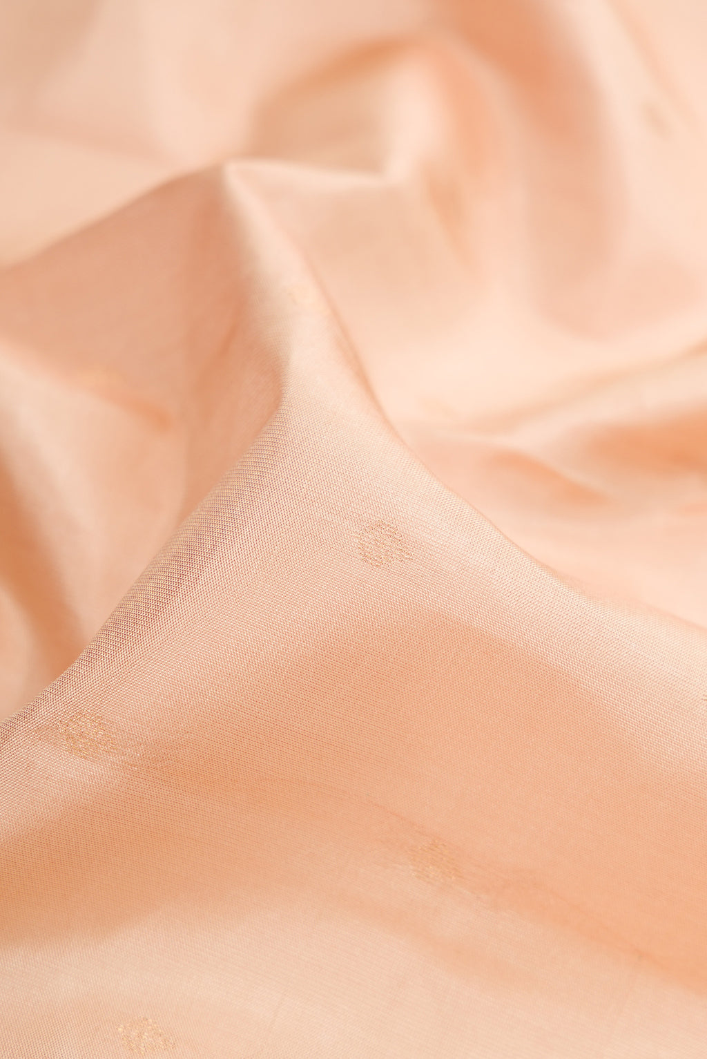 Close up of Beige Kanchipuram Silk Saree with Zari Butta on the body and Zari Border.  displaying folds